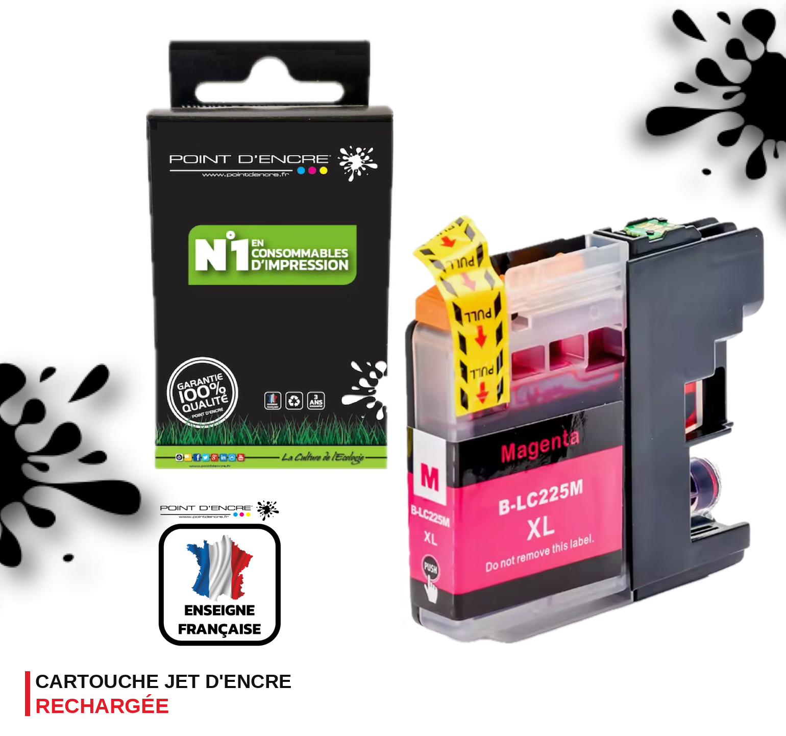 LC225XL - MAGENTA - Grande capacité de Marque Française POINT D'ENCRE Pour imprimante compatible BROTHER (ceb)