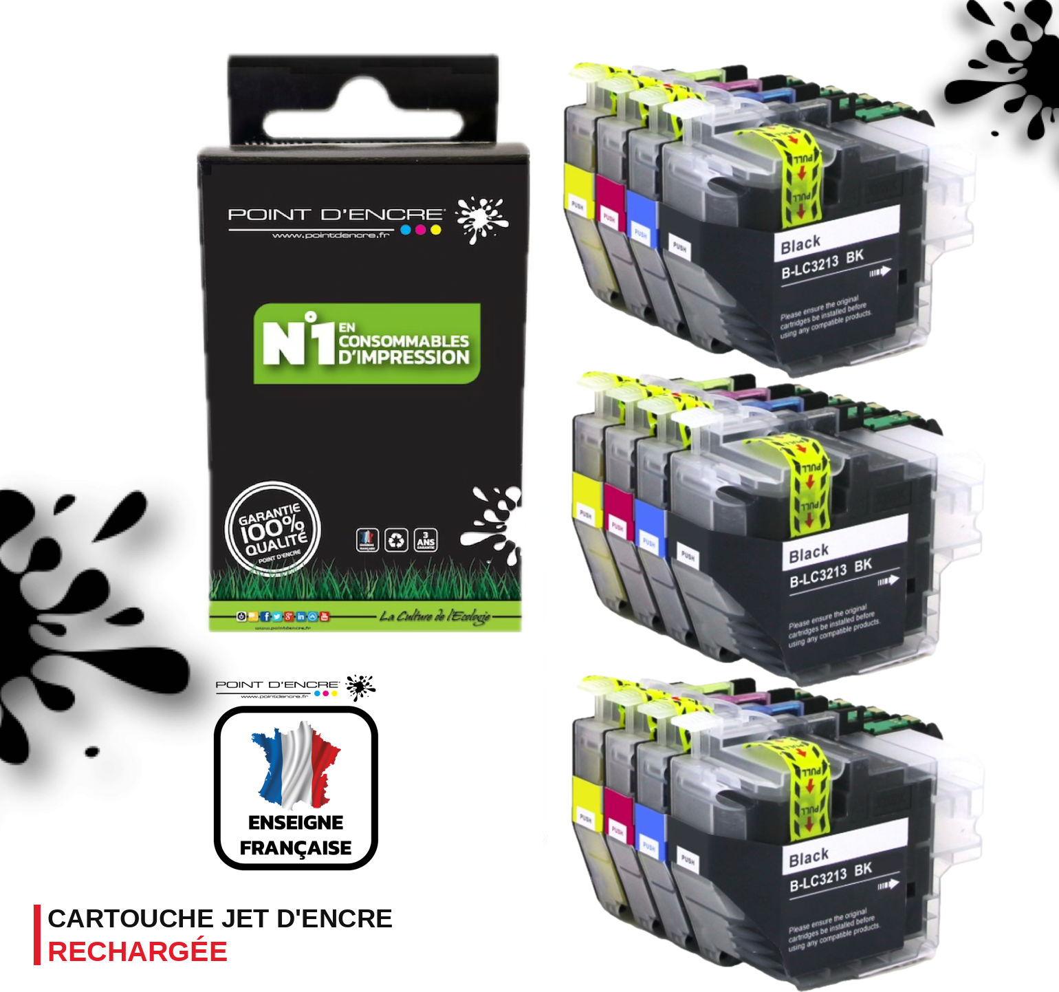 LC3213/LC3211XL - 3 X Pack de 4 Cartouches D'encre Noir/Cyan/Magenta/ Jaune - Grande capacité de Marque Française POINT D'ENCRE Pour imprimante compatible BROTHER (ceb)