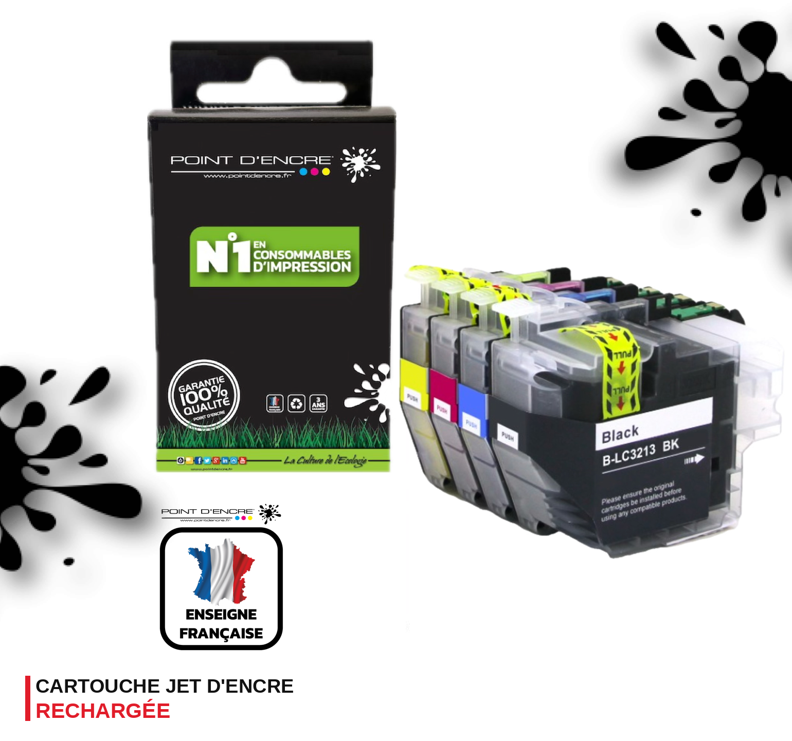 LC3213/LC3211XL - Pack de 4 Cartouches D'encre Noir/Cyan/Magenta/ Jaune - Grande capacité de Marque Française POINT D'ENCRE Pour imprimante compatible BROTHER (ceb)