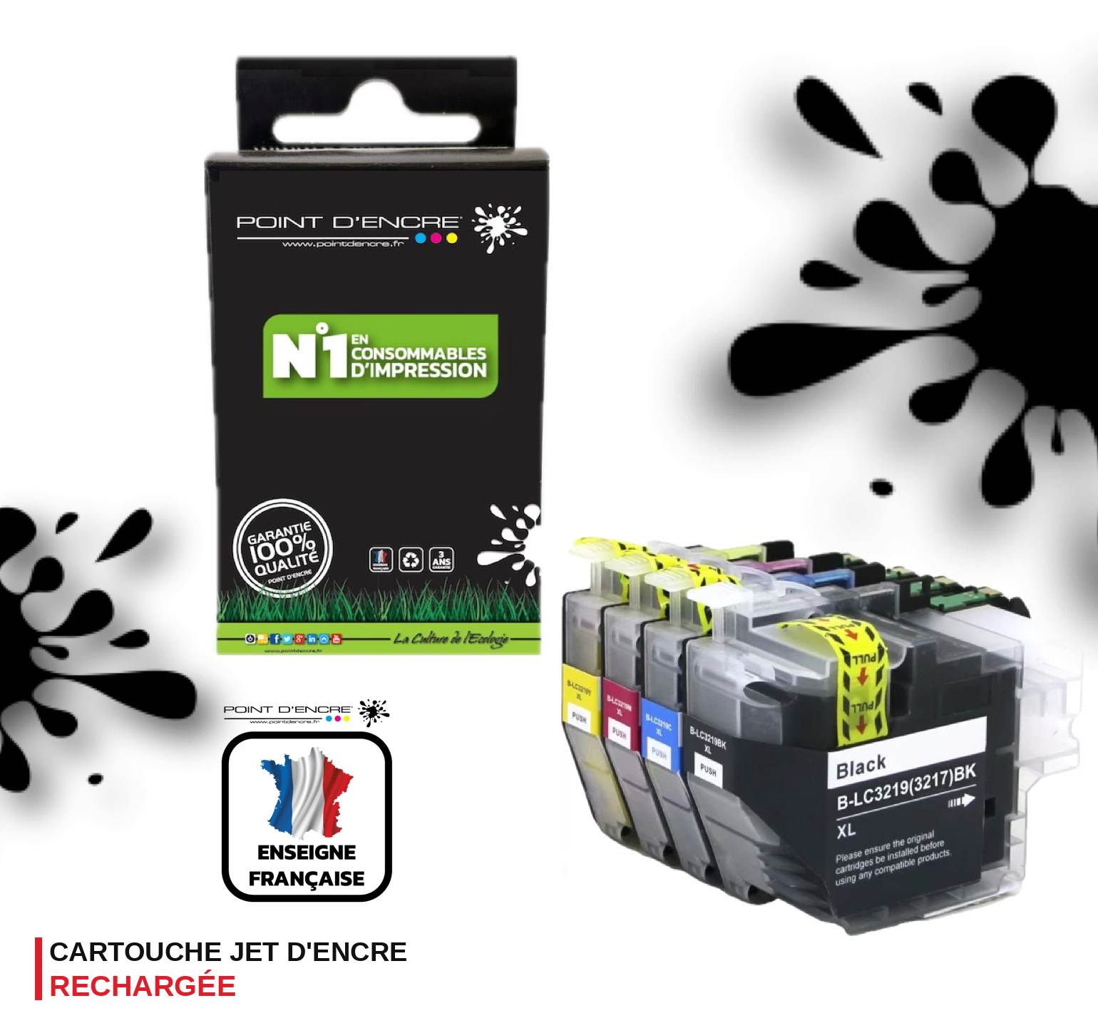 LC3219/LC3217XL - Pack de 4 Cartouches D'encre Noir/Cyan/Magenta/ Jaune - Grande capacité de Marque Française POINT D'ENCRE Pour imprimante compatible BROTHER (ceb)