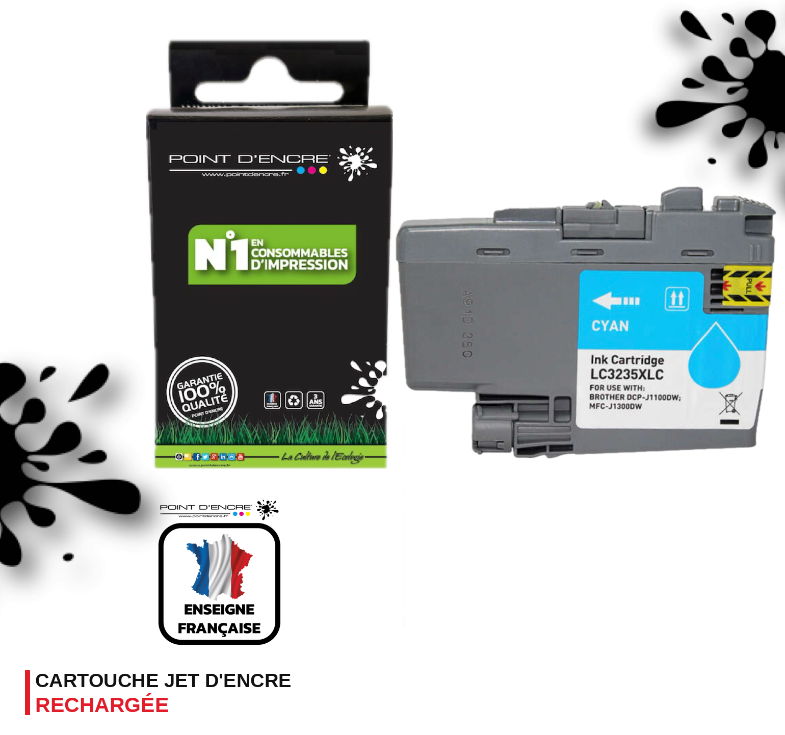 LC3235XL / LC3233 - CYAN - Grande capacité de Marque Française POINT D'ENCRE Pour imprimante compatible BROTHER (ceb)