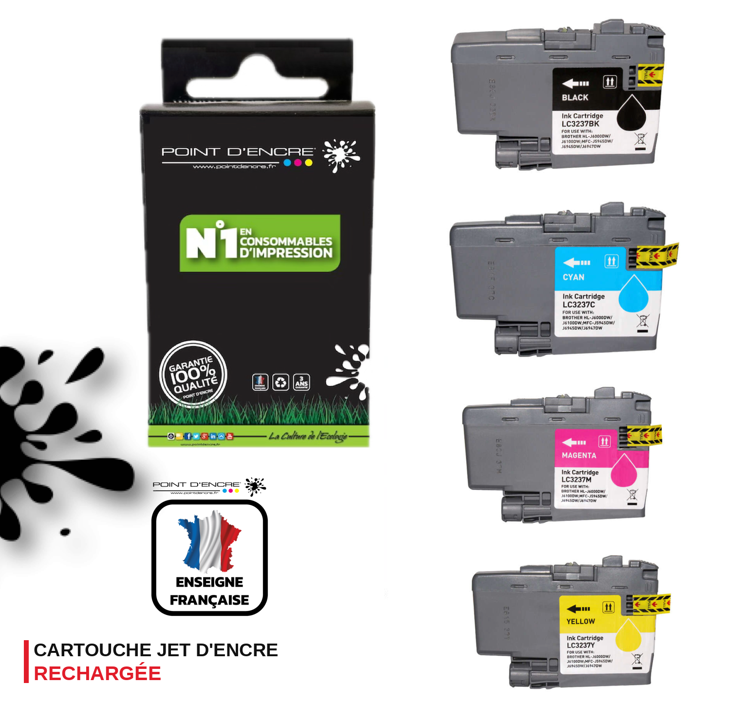 LC3235XL / LC3233 - Pack de 4 Cartouches D'encre Noir/Cyan/Magenta/ Jaune - Grande capacité de Marque Française POINT D'ENCRE Pour imprimante compatible BROTHER (ceb)