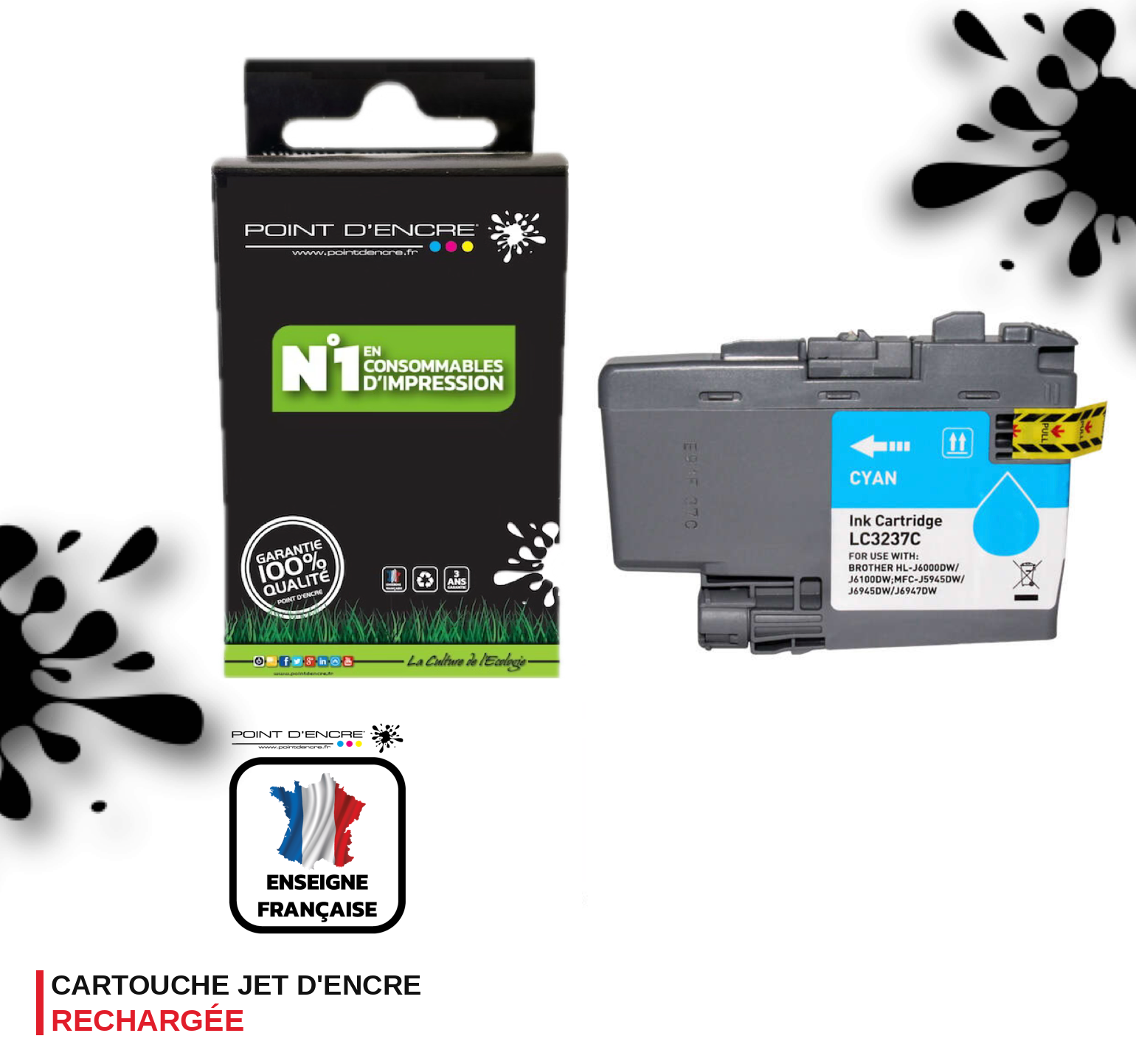 LC3237 - CYAN - Grande capacité de Marque Française POINT D'ENCRE Pour imprimante compatible BROTHER (ceb)
