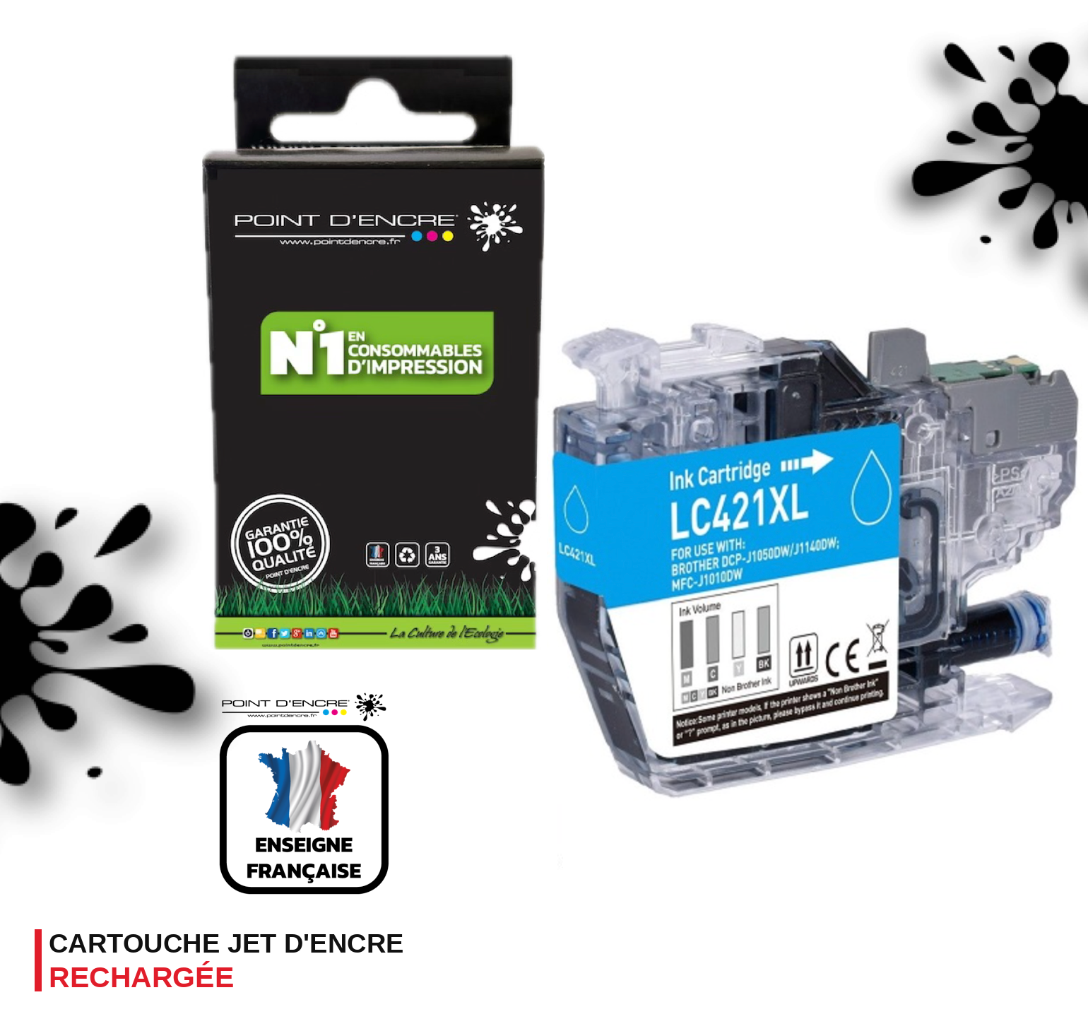 LC421XL - CYAN - Grande capacité de Marque Française POINT D'ENCRE Pour imprimante compatible BROTHER (ceb)