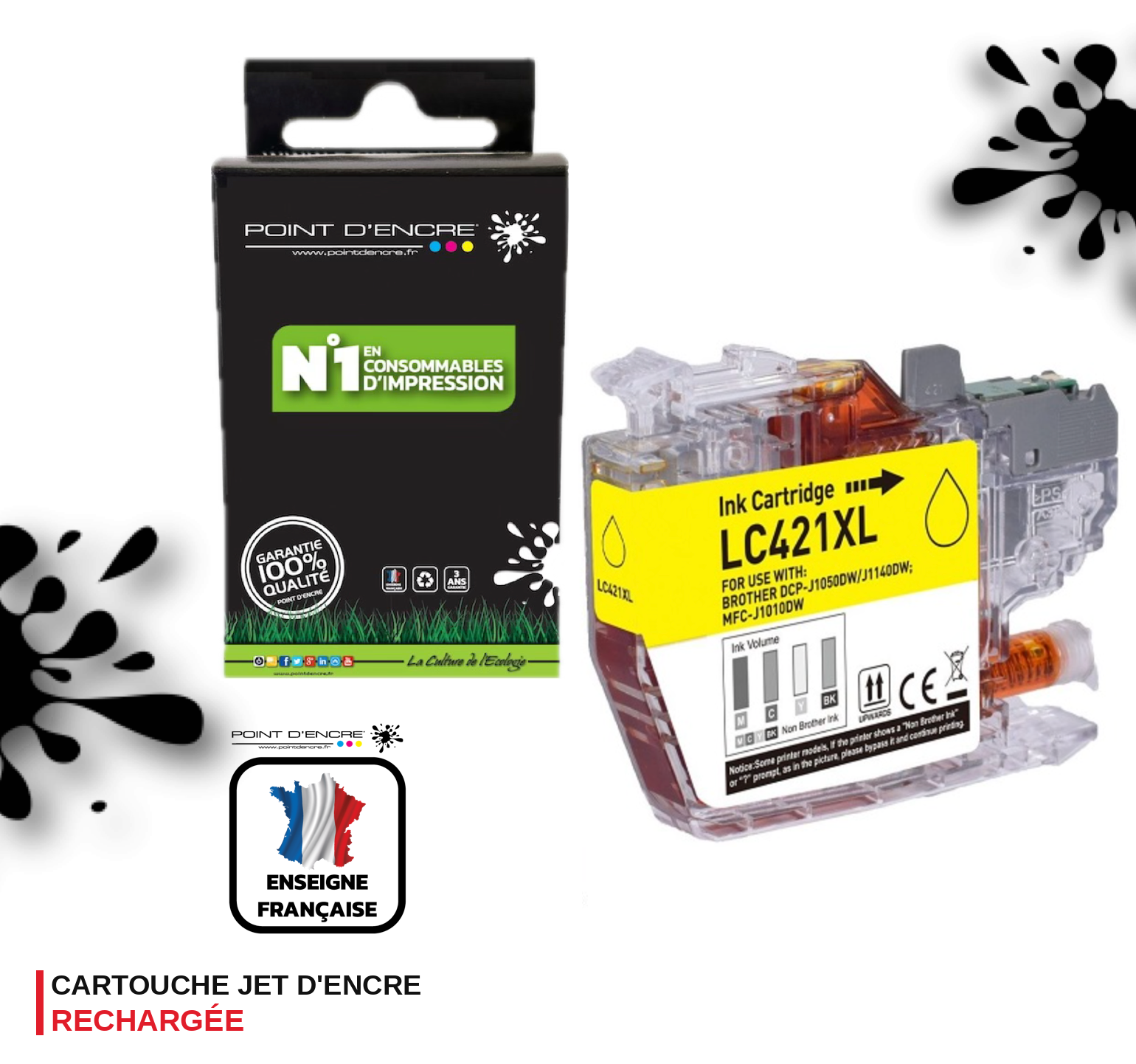 LC421XL - JAUNE - Grande capacité de Marque Française POINT D'ENCRE Pour imprimante compatible BROTHER (ceb)