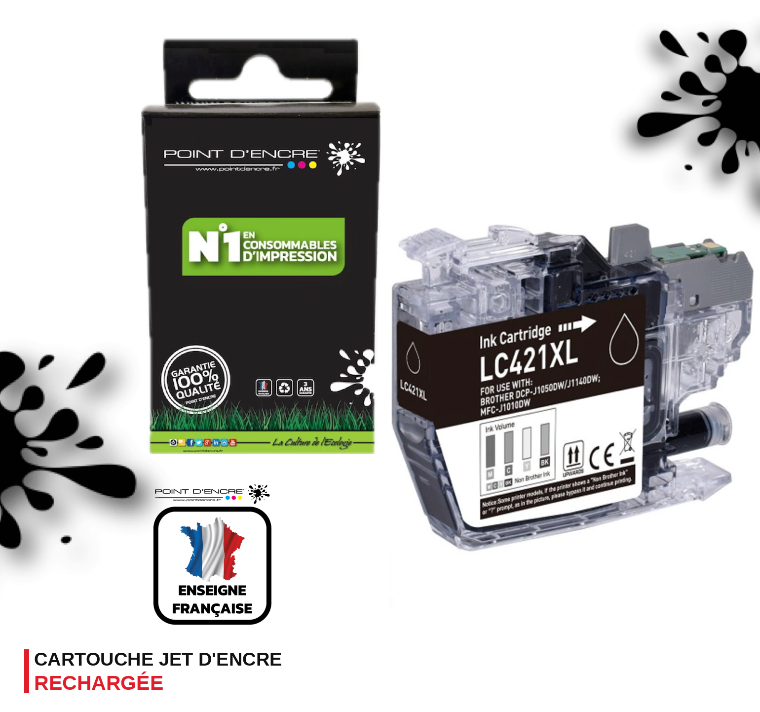 LC421XL - NOIR - Grande capacité de Marque Française POINT D'ENCRE Pour imprimante compatible BROTHER (ceb)