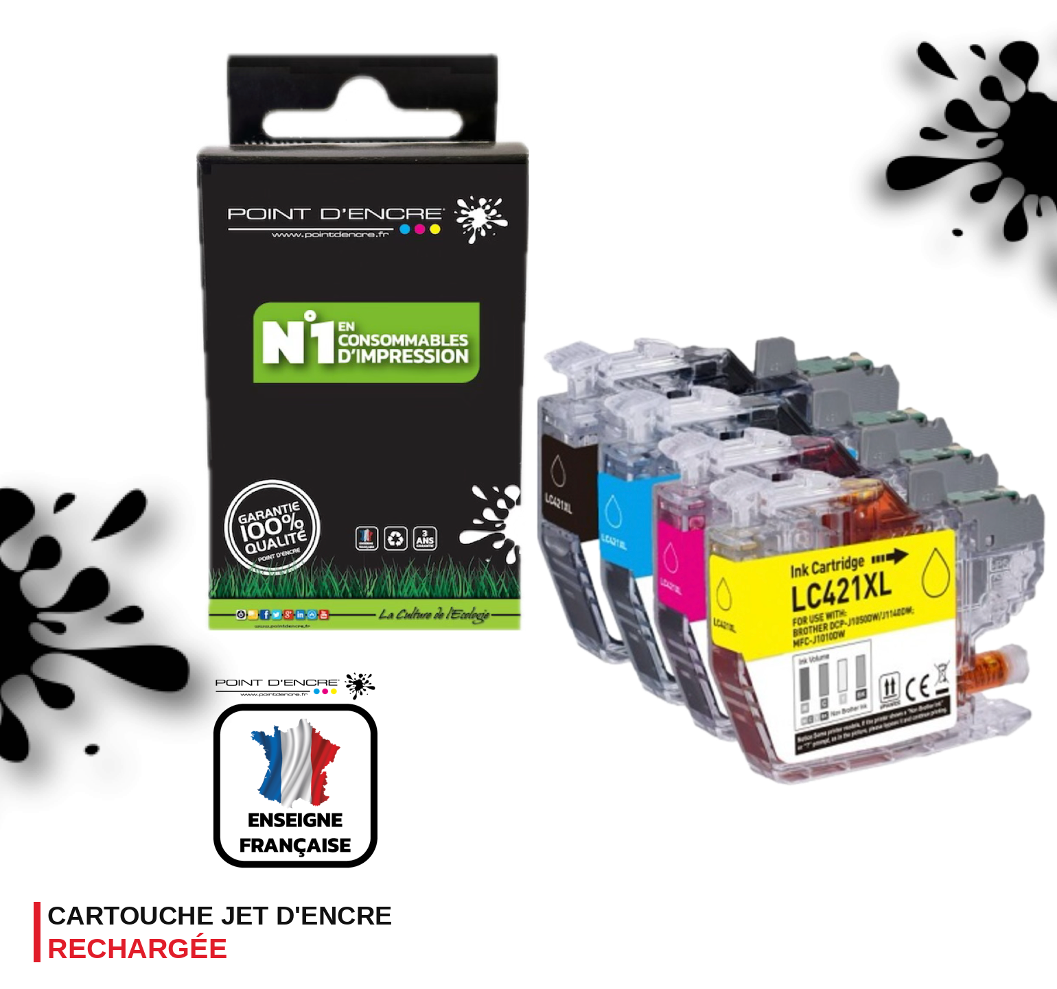 LC421XL - Pack de 4 Cartouches D'encre Noir/Cyan/Magenta/ Jaune - Grande capacité de Marque Française POINT D'ENCRE Pour imprimante compatible BROTHER (ceb)