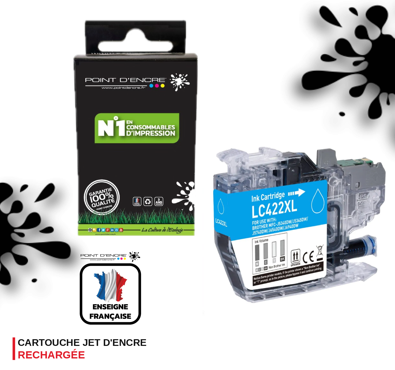 LC422XL - CYAN - Grande capacité de Marque Française POINT D'ENCRE Pour imprimante compatible BROTHER (ceb)