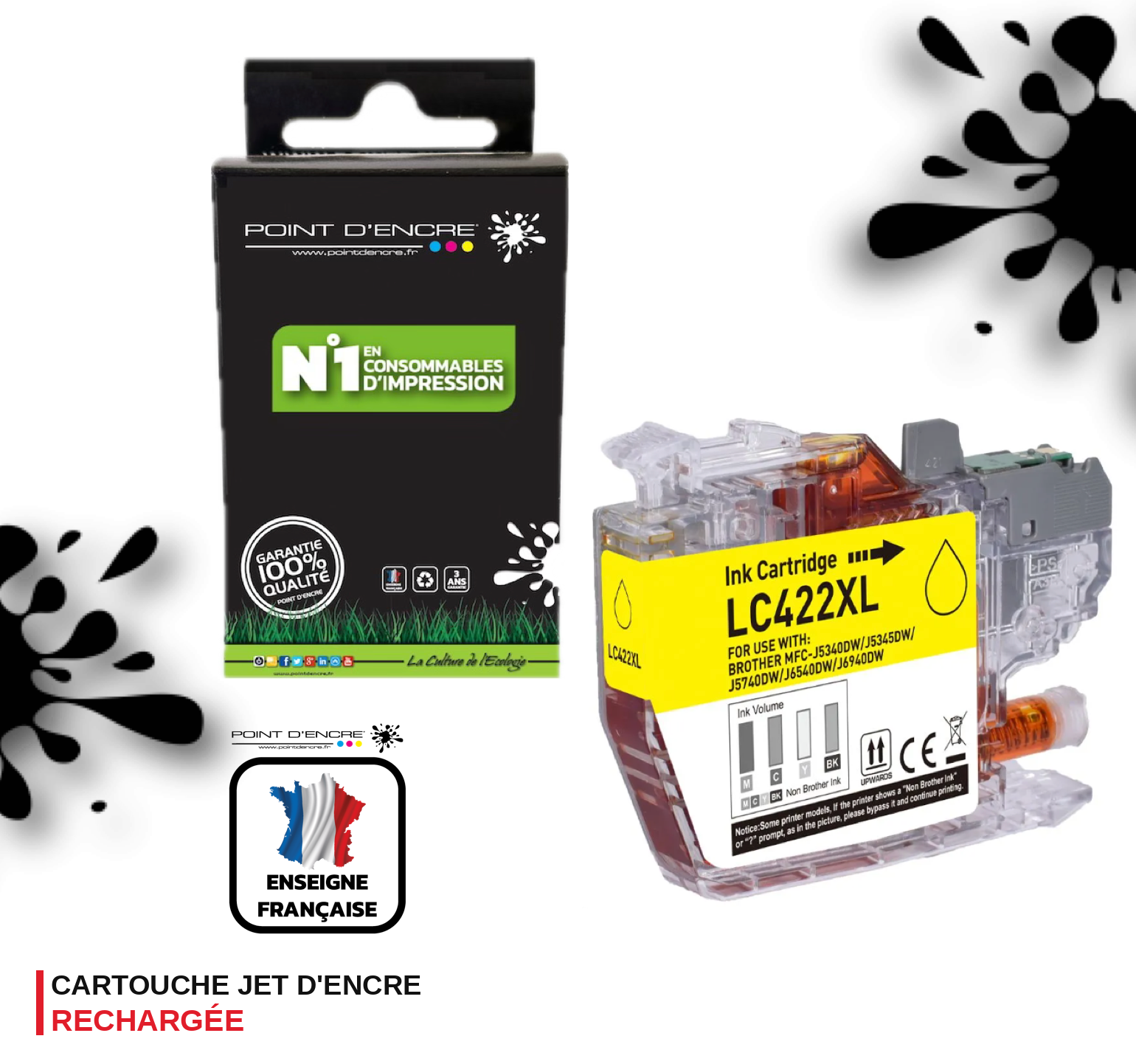 LC422XL - JAUNE - Grande capacité de Marque Française POINT D'ENCRE Pour imprimante compatible BROTHER (ceb)