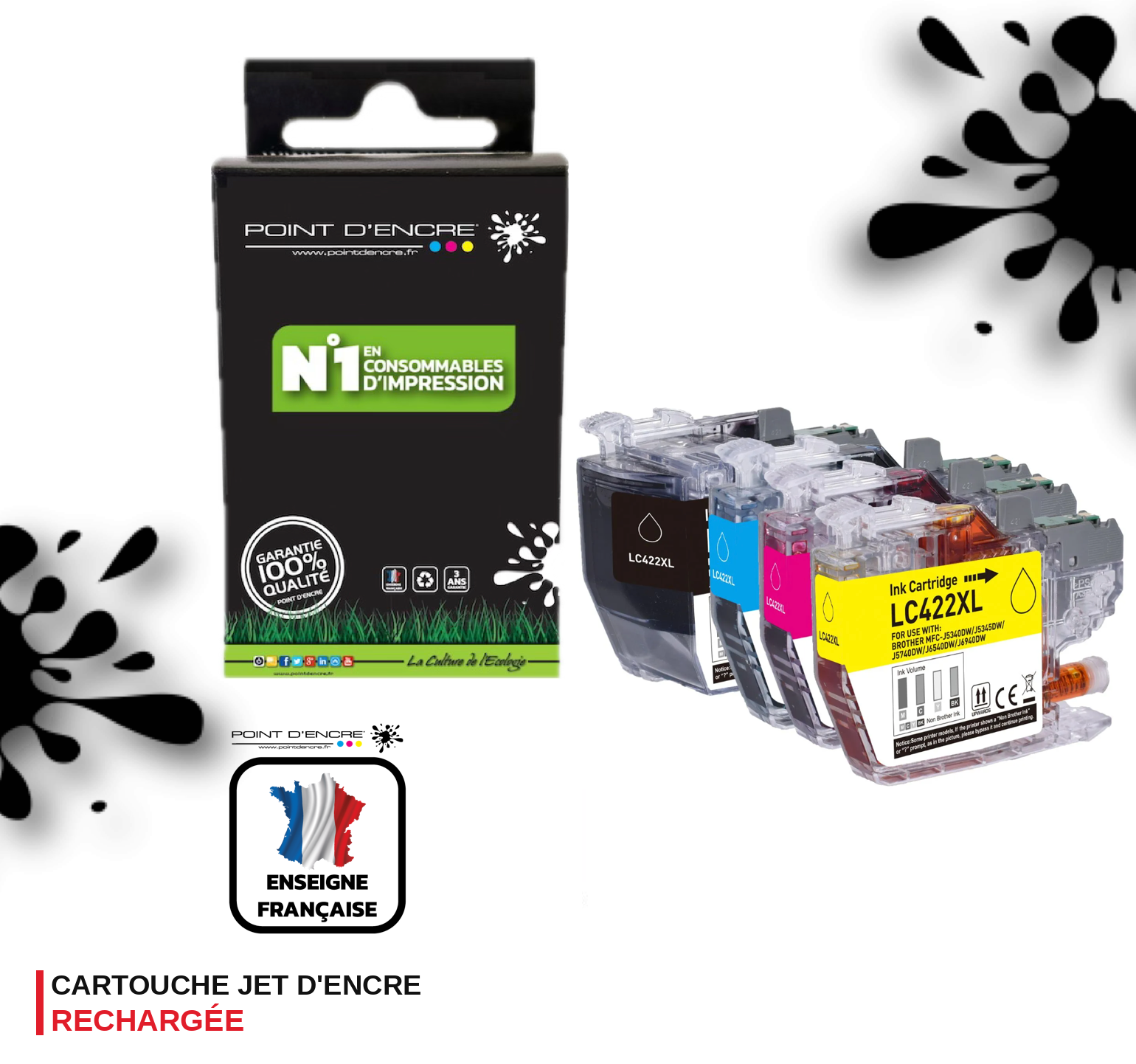 LC422XL - Pack de 4 Cartouches D'encre Noir/Cyan/Magenta/ Jaune - Grande capacité de Marque Française POINT D'ENCRE Pour imprimante compatible BROTHER (ceb)