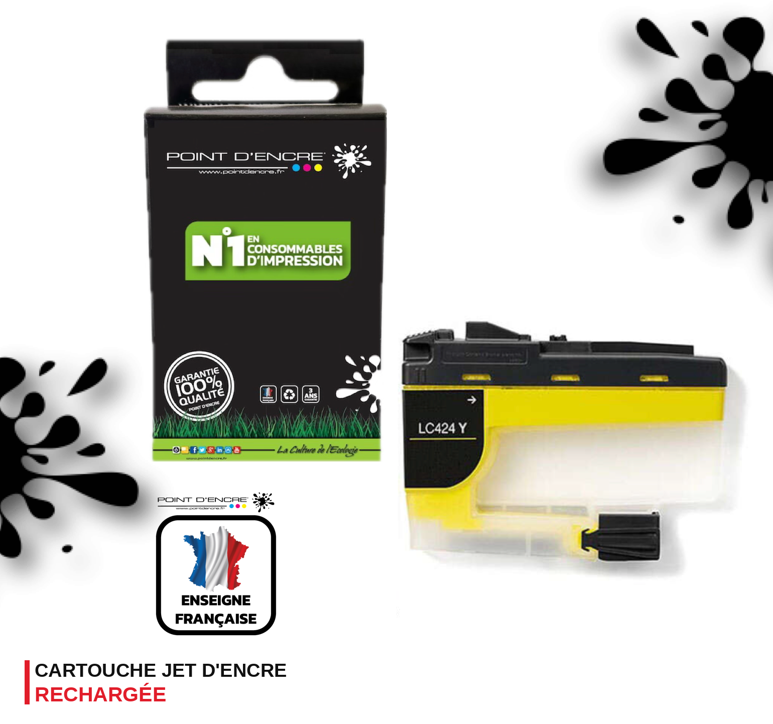 LC424 - JAUNE - Grande capacité de Marque Française POINT D'ENCRE Pour imprimante compatible BROTHER (ceb)