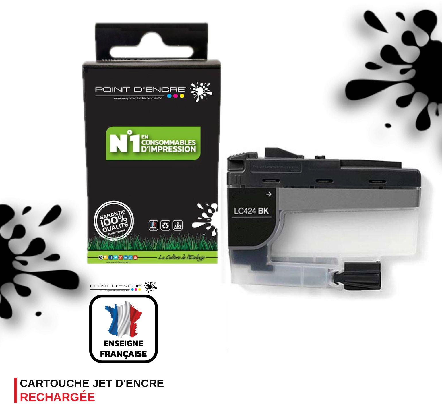 LC424 - NOIR - Grande capacité de Marque Française POINT D'ENCRE Pour imprimante compatible BROTHER (ceb)