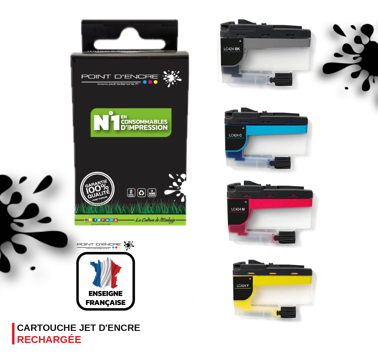 LC424 - Pack de 4 Cartouches D'encre Noir/Cyan/Magenta/ Jaune - Grande capacité de Marque Française POINT D'ENCRE Pour imprimante compatible BROTHER (ceb)