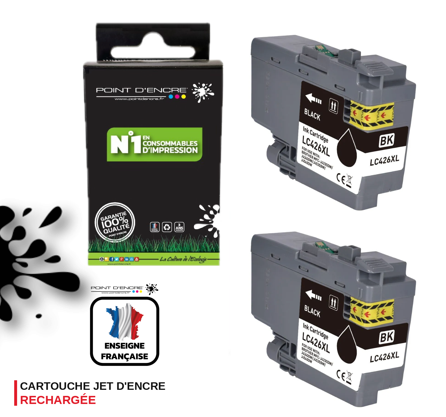 LC426XL - 2 X NOIR - Grande capacité de Marque Française POINT D'ENCRE Pour imprimante compatible BROTHER (ceb)