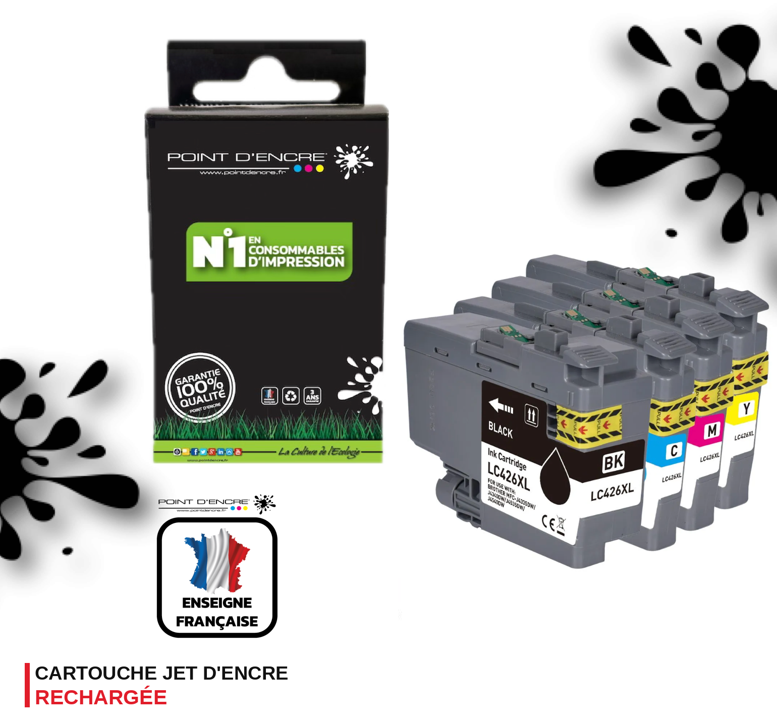 LC426XL - Pack de 4 Cartouches D'encre Noir/Cyan/Magenta/ Jaune - Grande capacité de Marque Française POINT D'ENCRE Pour imprimante compatible BROTHER (ceb)