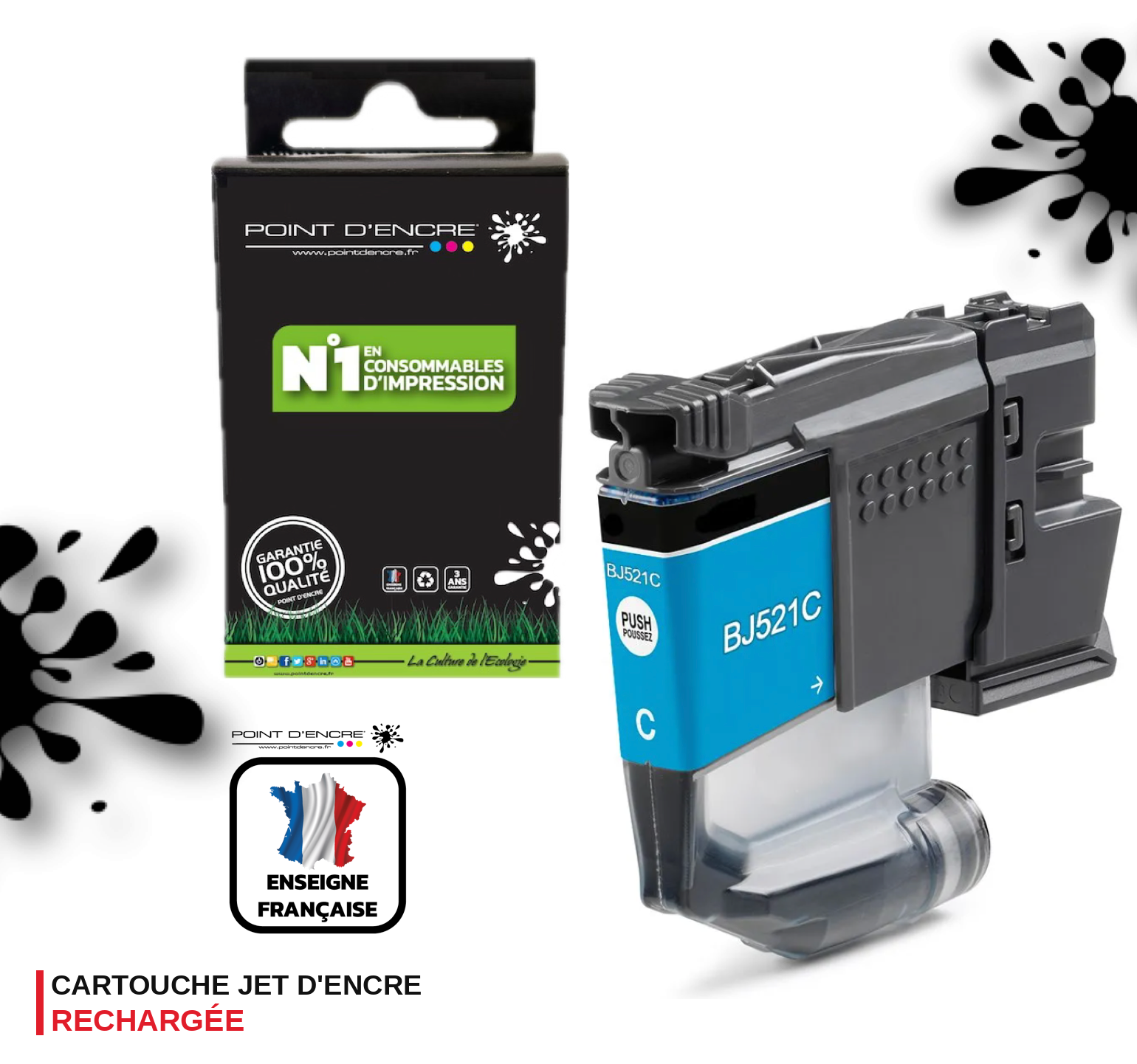 LC521 - CYAN - Grande capacité de Marque Française POINT D'ENCRE Pour imprimante compatible BROTHER (ceb)
