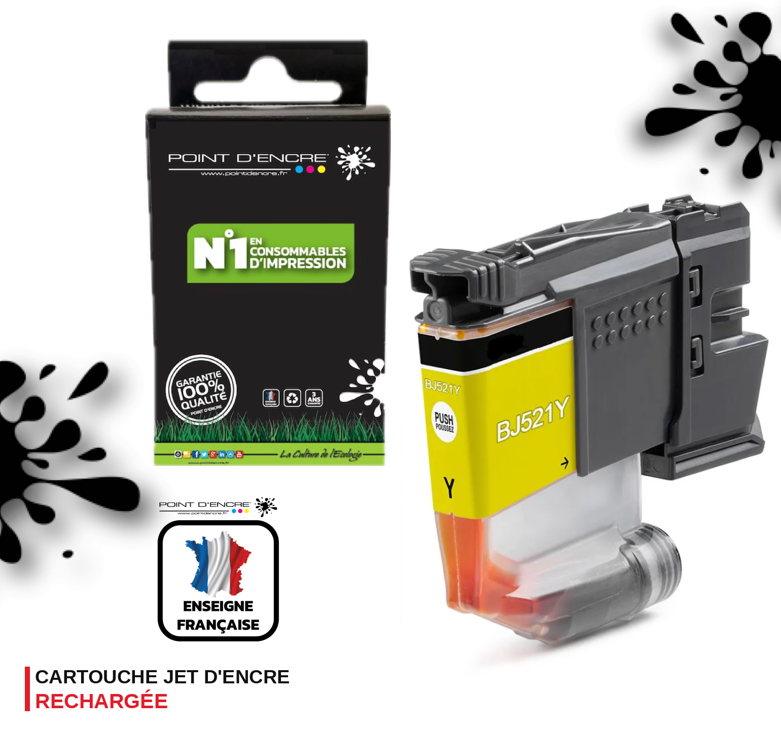 LC521 - JAUNE - Grande capacité de Marque Française POINT D'ENCRE Pour imprimante compatible BROTHER (ceb)