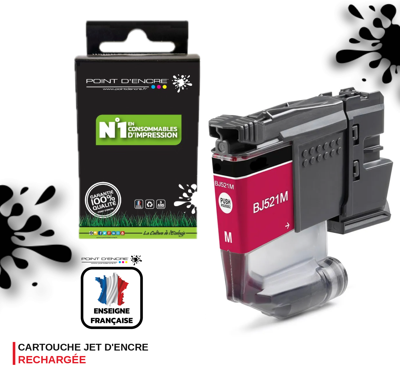LC521 - MAGENTA - Grande capacité de Marque Française POINT D'ENCRE Pour imprimante compatible BROTHER (ceb)