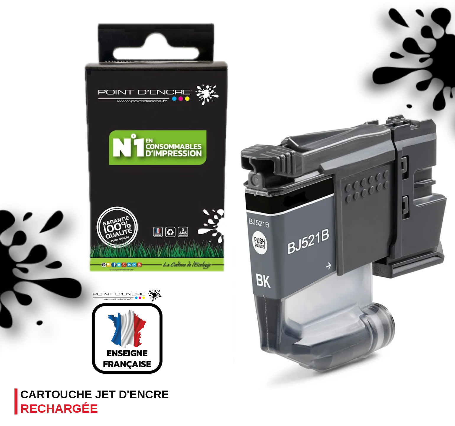 LC521 - NOIR - Grande capacité de Marque Française POINT D'ENCRE Pour imprimante compatible BROTHER (ceb)