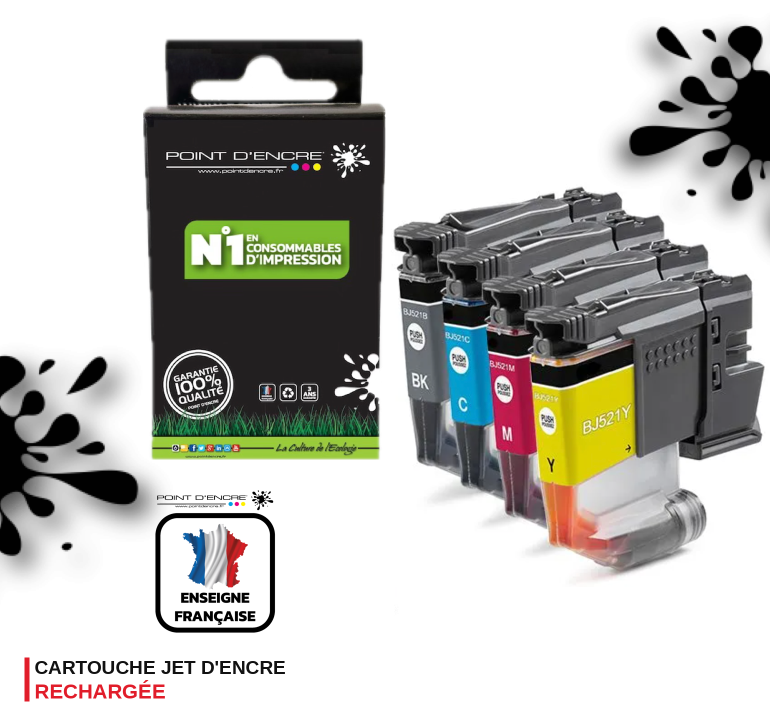 LC521 - Pack de 4 Cartouches D'encre Noir/Cyan/Magenta/ Jaune - Grande capacité de Marque Française POINT D'ENCRE Pour imprimante compatible BROTHER (ceb)