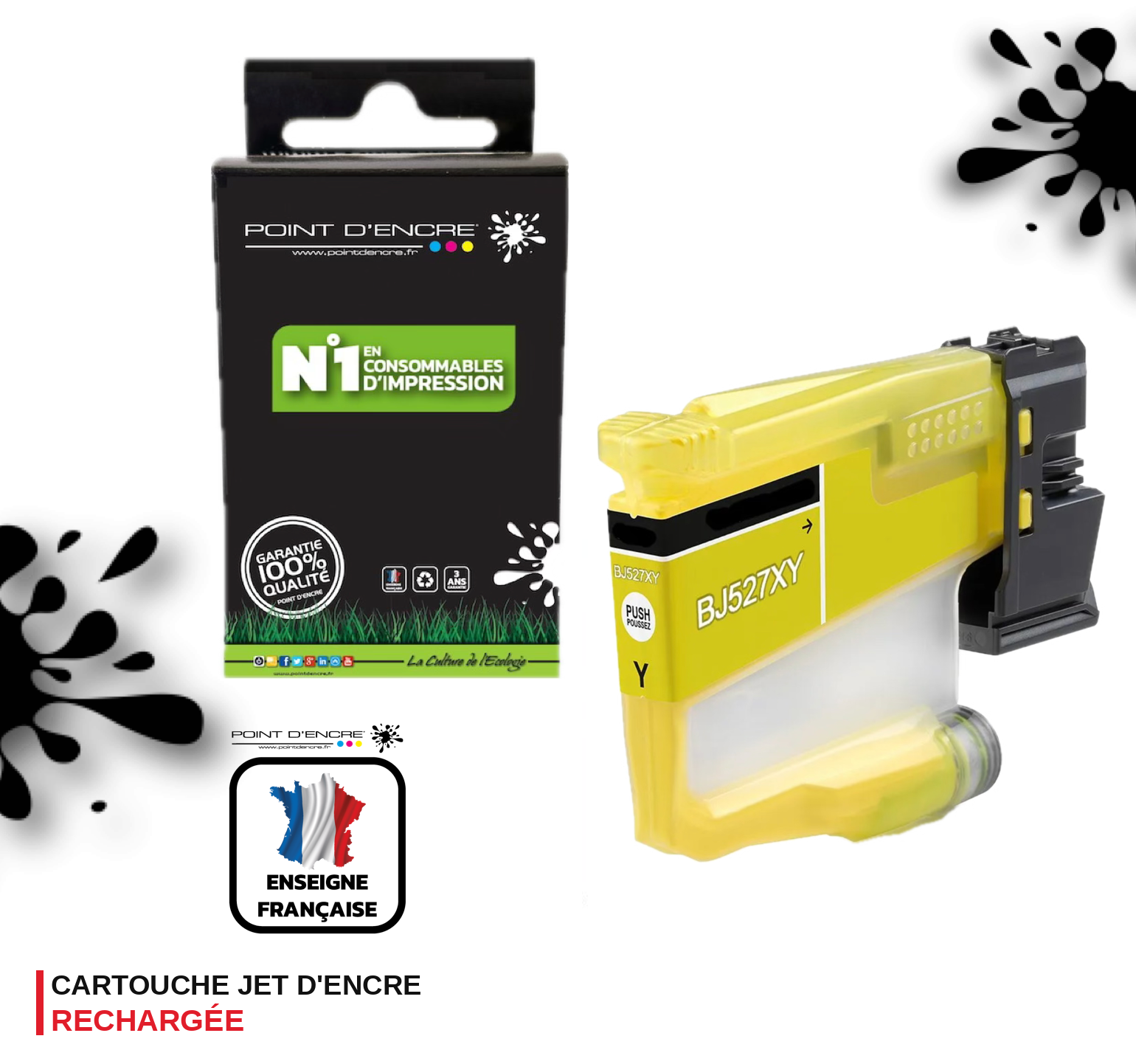 LC527 - JAUNE - Grande capacité de Marque Française POINT D'ENCRE Pour imprimante compatible BROTHER LC527XL(ceb)