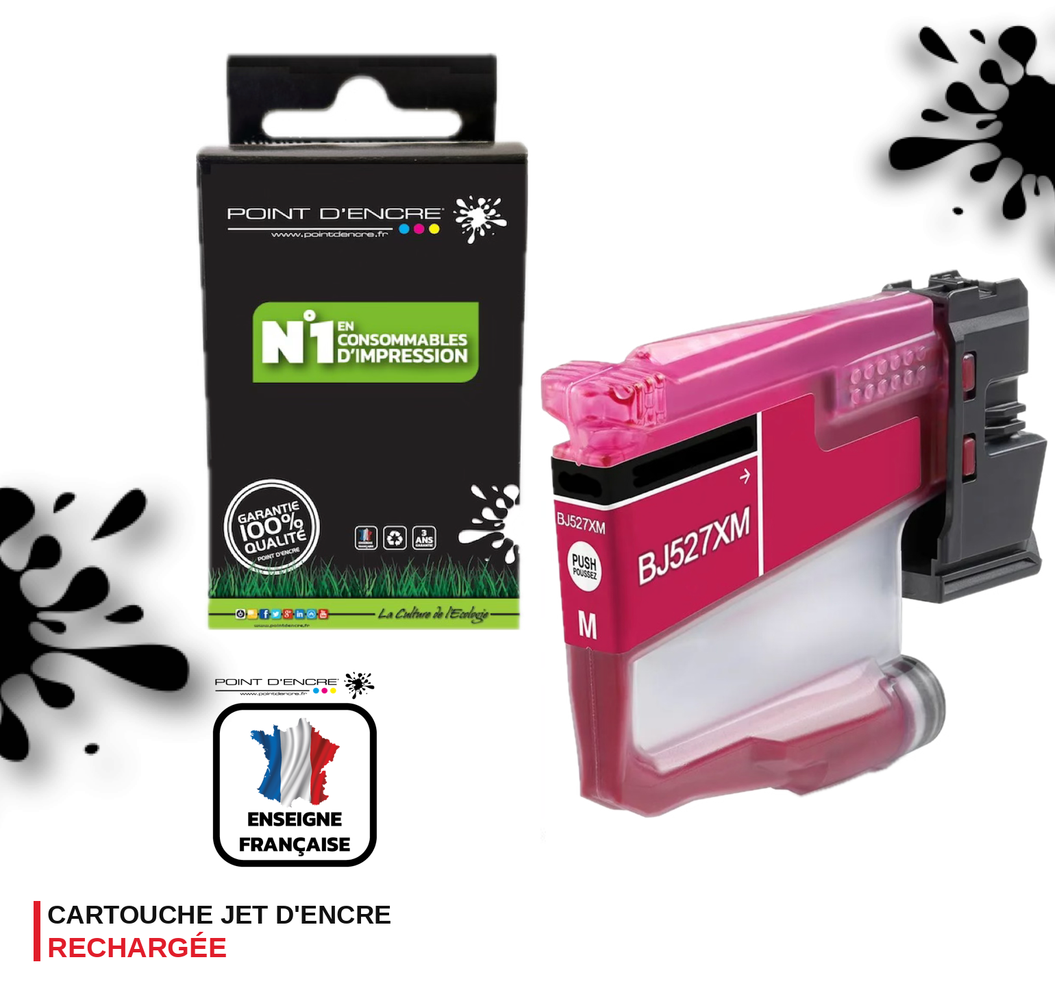 LC527 - MAGENTA - Grande capacité de Marque Française POINT D'ENCRE Pour imprimante compatible BROTHER LC527XL(ceb)