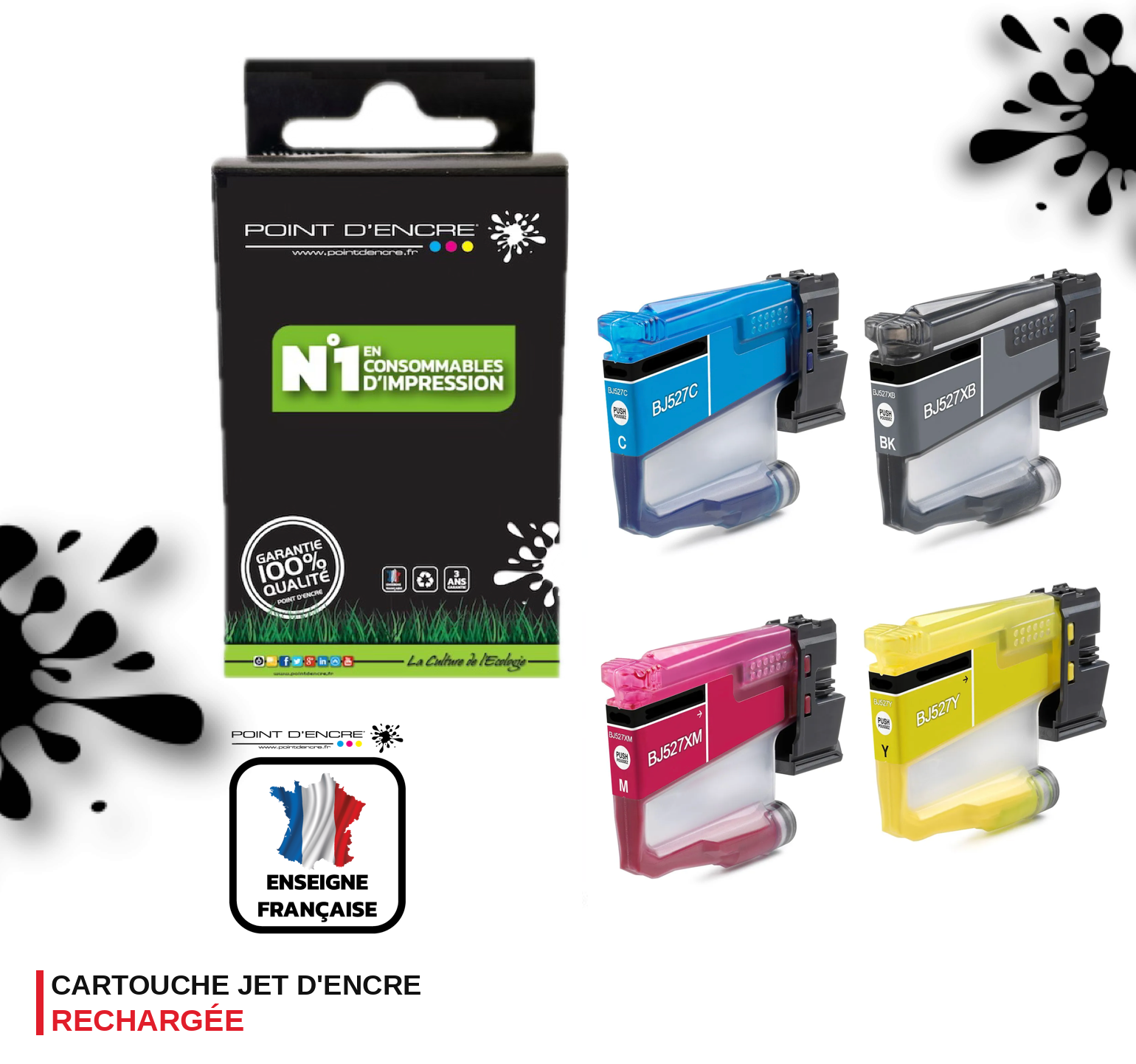 LC527XL / LC527 - NOIR / CYAN / MAGENTA / JAUNE - Grande capacité de Marque Française POINT D'ENCRE Pour imprimante compatible BROTHER (ceb)
