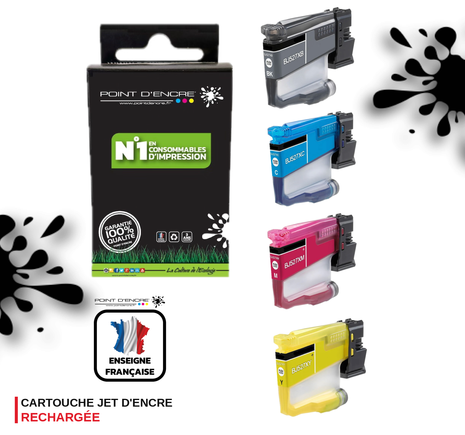 LC527 - Pack de 4 Cartouches D'encre Noir/Cyan/Magenta/ Jaune - Grande capacité de Marque Française POINT D'ENCRE Pour imprimante compatible BROTHER LC527XL(ceb)