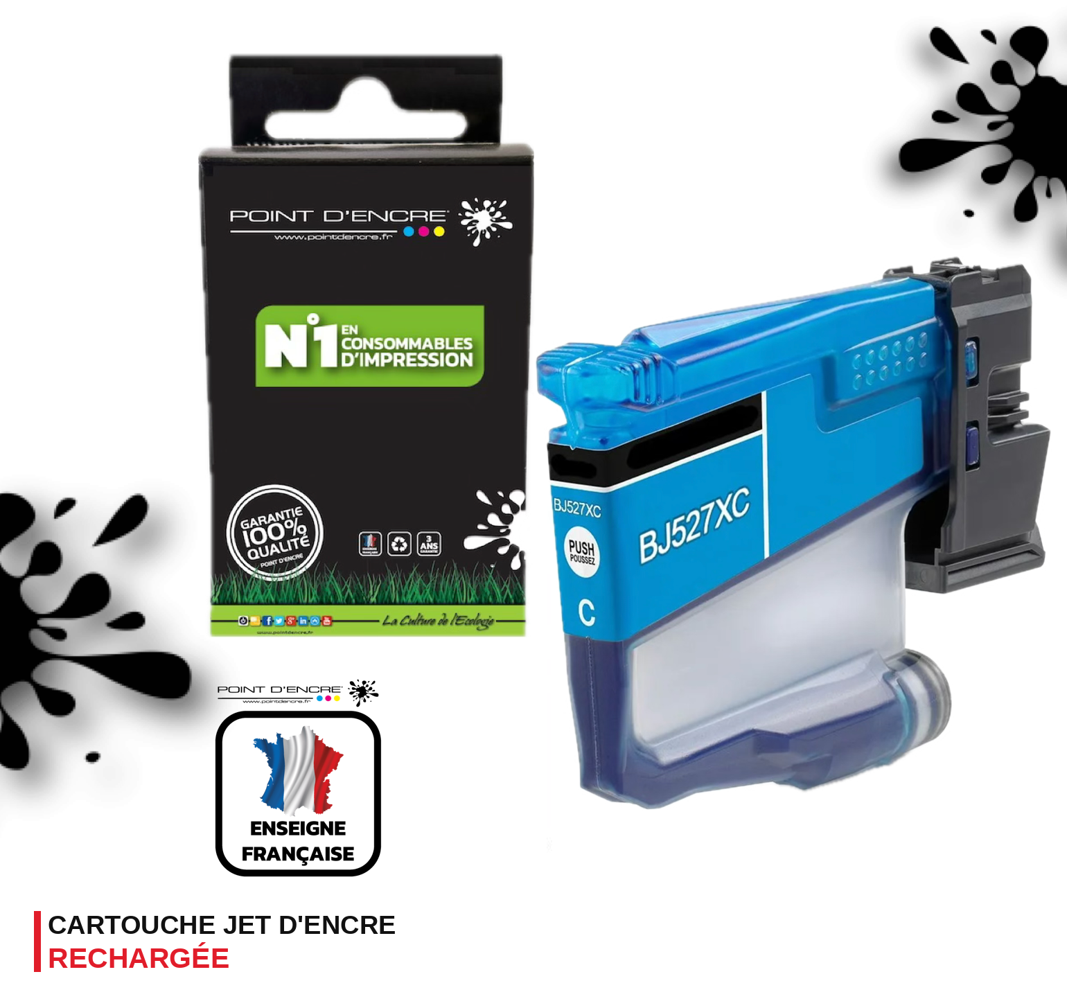 LC527 - CYAN - Grande capacité de Marque Française POINT D'ENCRE Pour imprimante compatible BROTHER LC527XL(ceb)