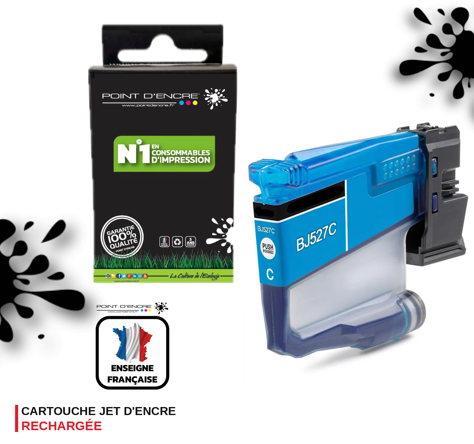 LC527XL / LC527 - CYAN - Grande capacité de Marque Française POINT D'ENCRE Pour imprimante compatible BROTHER (ceb)