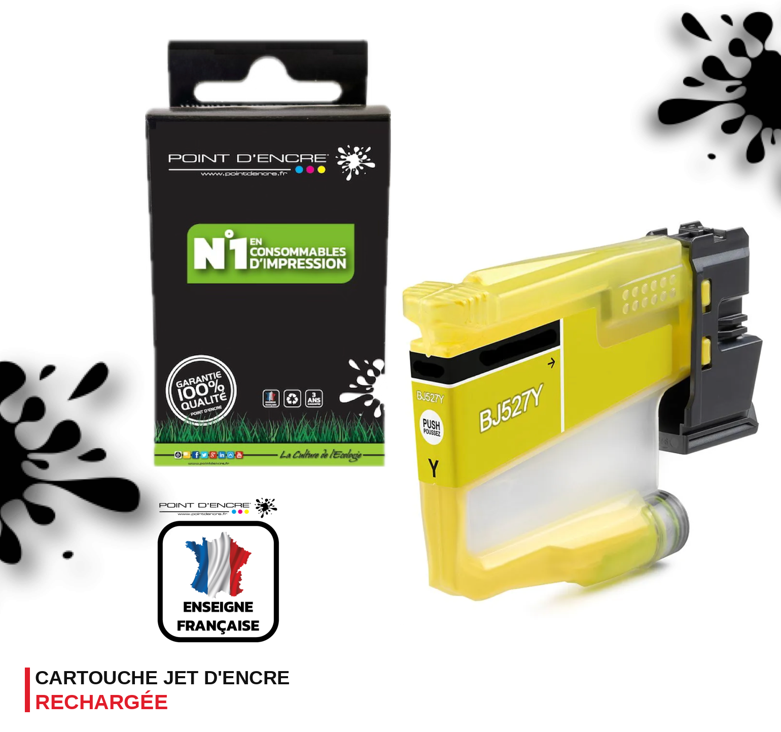LC527XL / LC527 - JAUNE - Grande capacité de Marque Française POINT D'ENCRE Pour imprimante compatible BROTHER (ceb)