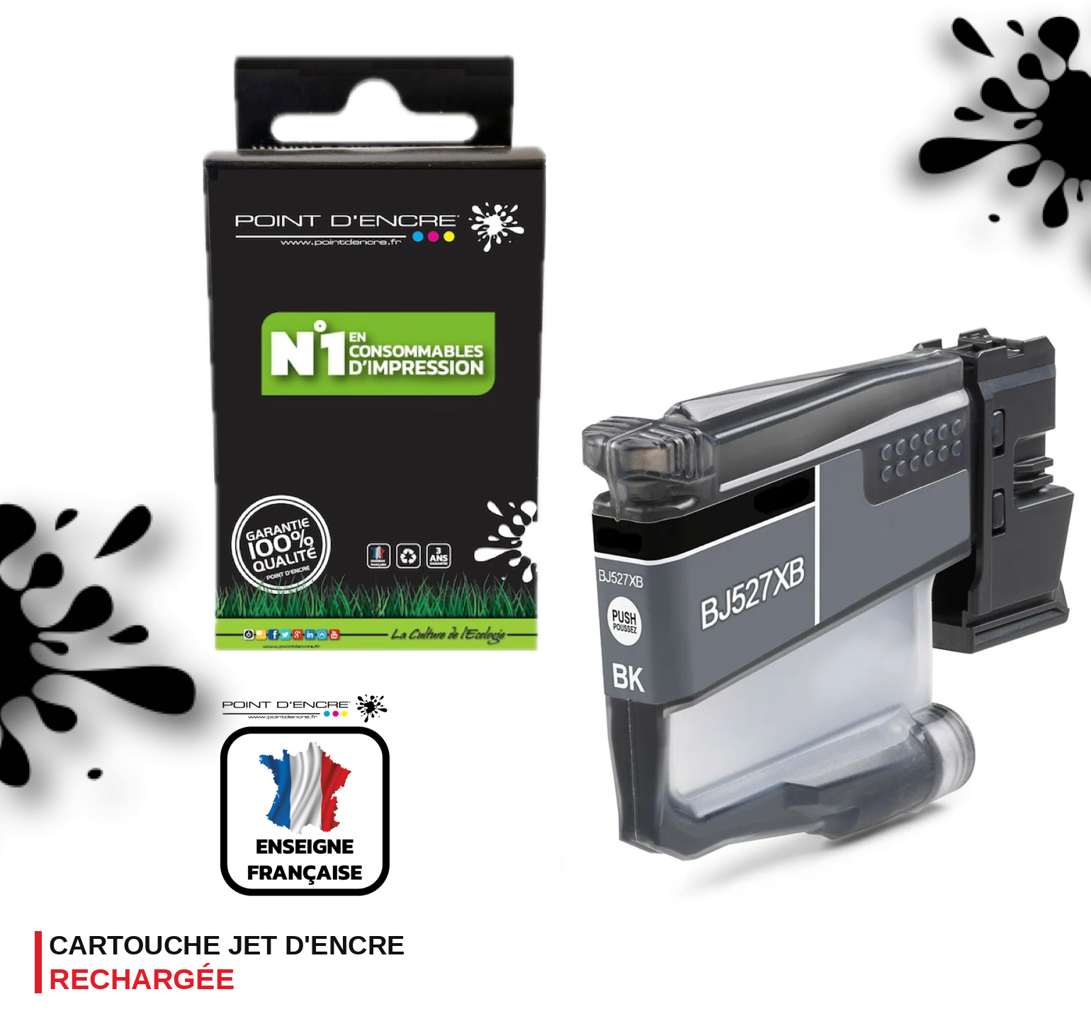 LC527XL / LC527 - NOIR - Grande capacité de Marque Française POINT D'ENCRE Pour imprimante compatible BROTHER (ceb)