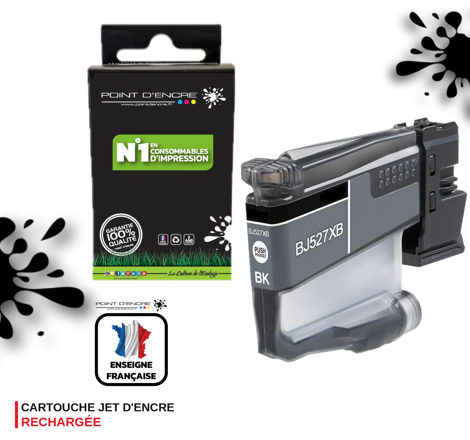 LC527 - NOIR - Grande capacité de Marque Française POINT D'ENCRE Pour imprimante compatible BROTHER LC527XL (ceb)