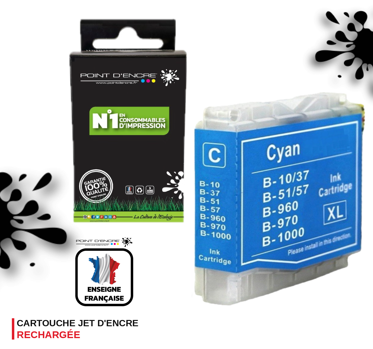 LC960 / LC970 / LC1000 - CYAN - Grande capacité de Marque Française POINT D'ENCRE Pour imprimante compatible BROTHER (ceb)