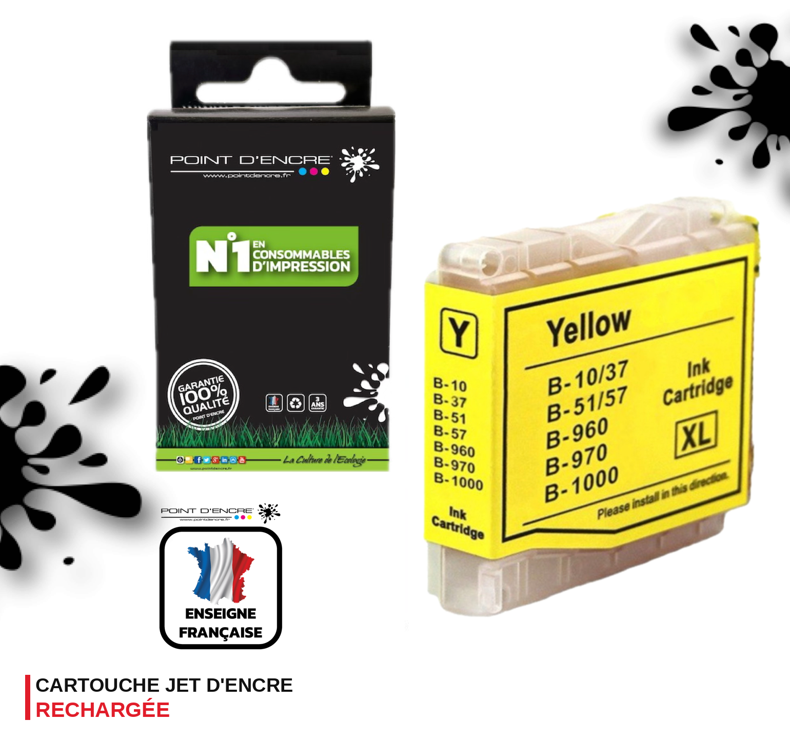 LC960 / LC970 / LC1000 - JAUNE - Grande capacité de Marque Française POINT D'ENCRE Pour imprimante compatible BROTHER (ceb)