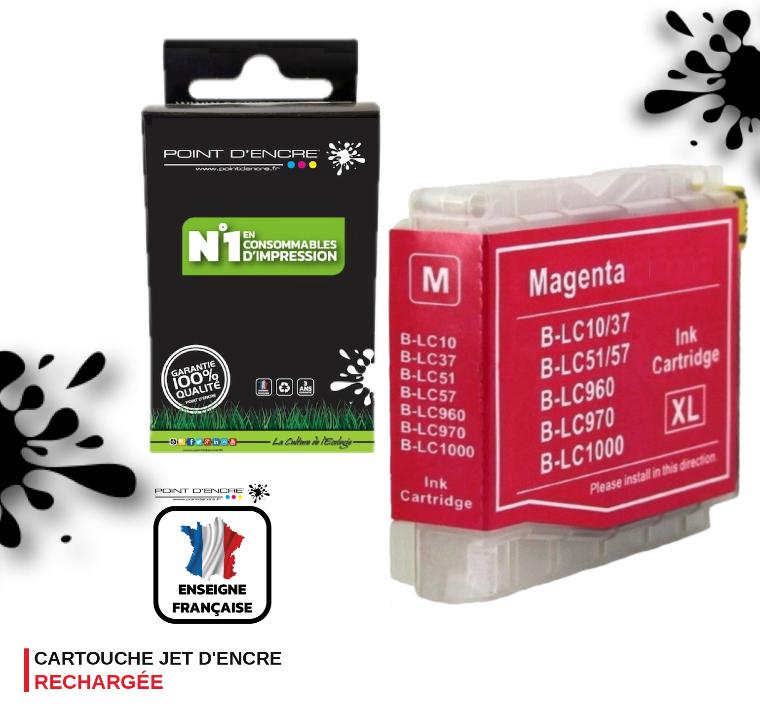 LC960 / LC970 / LC1000 - MAGENTA - Grande capacité de Marque Française POINT D'ENCRE Pour imprimante compatible BROTHER (ceb)