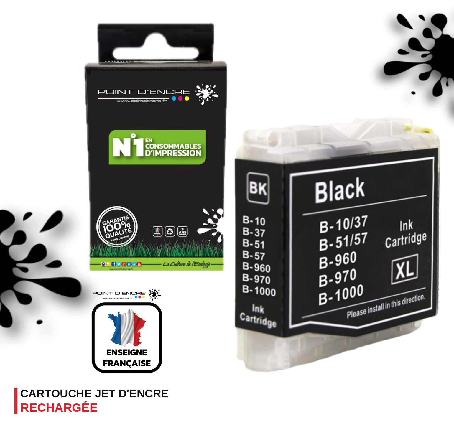 LC960 / LC970 / LC1000 - NOIR - Grande capacité de Marque Française POINT D'ENCRE Pour imprimante compatible BROTHER (ceb)