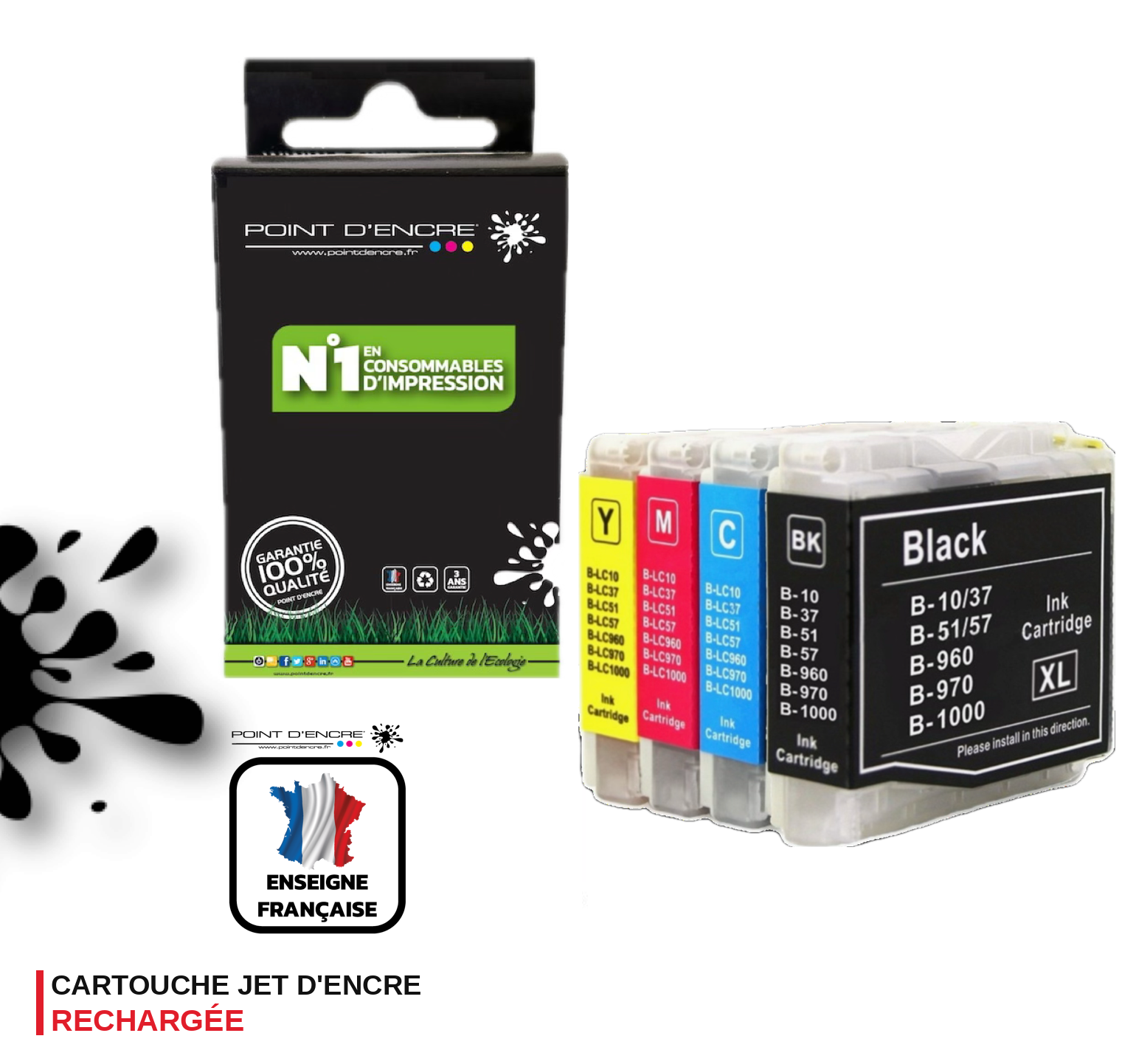 LC960 / LC970 / LC1000 - Pack de 4 Cartouches D'encre Noir/Cyan/Magenta/ Jaune - Grande capacité de Marque Française POINT D'ENCRE Pour imprimante compatible BROTHER (ceb)
