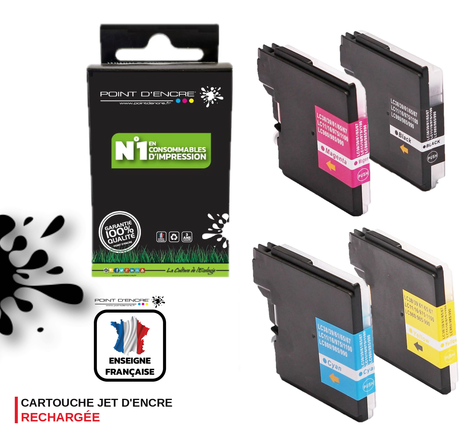 LC980XL / LC985XL / LC1100XL- Pack de 4 Cartouches D'encre Noir/Cyan/Magenta/ Jaune - Grande capacité de Marque Française POINT D'ENCRE Pour imprimante compatible BROTHER (ceb)