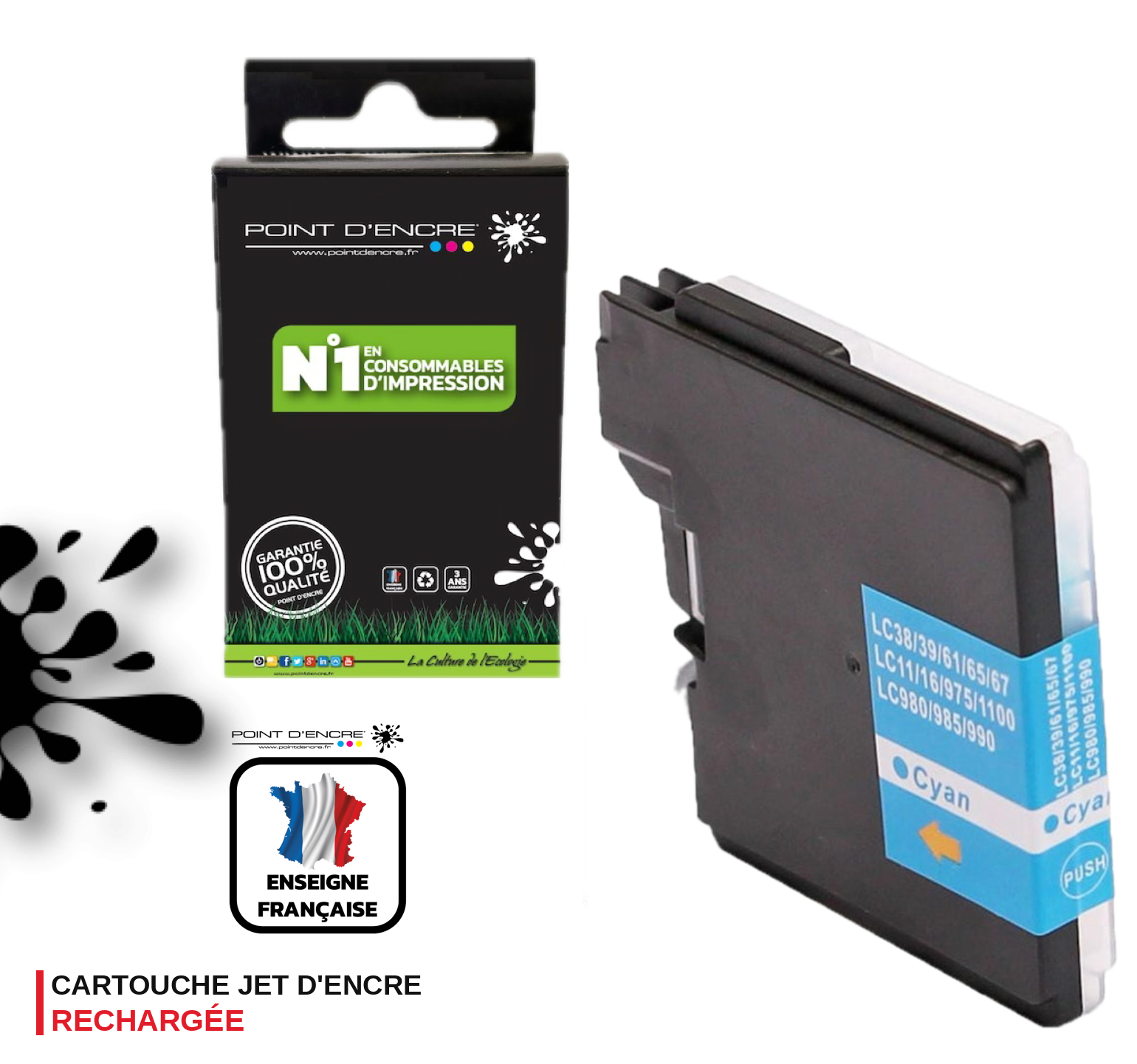 LC980XL / LC985XL / LC1100XL- CYAN - Grande capacité de Marque Française POINT D'ENCRE Pour imprimante compatible BROTHER (ceb)