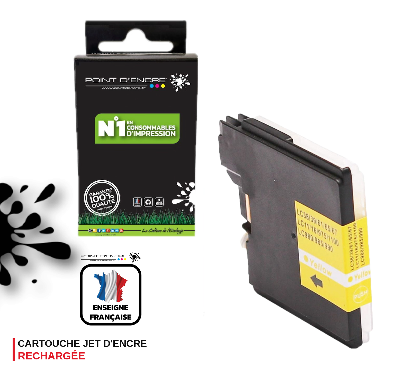 LC980XL / LC985XL / LC1100XL- JAUNE - Grande capacité de Marque Française POINT D'ENCRE Pour imprimante compatible BROTHER (ceb)