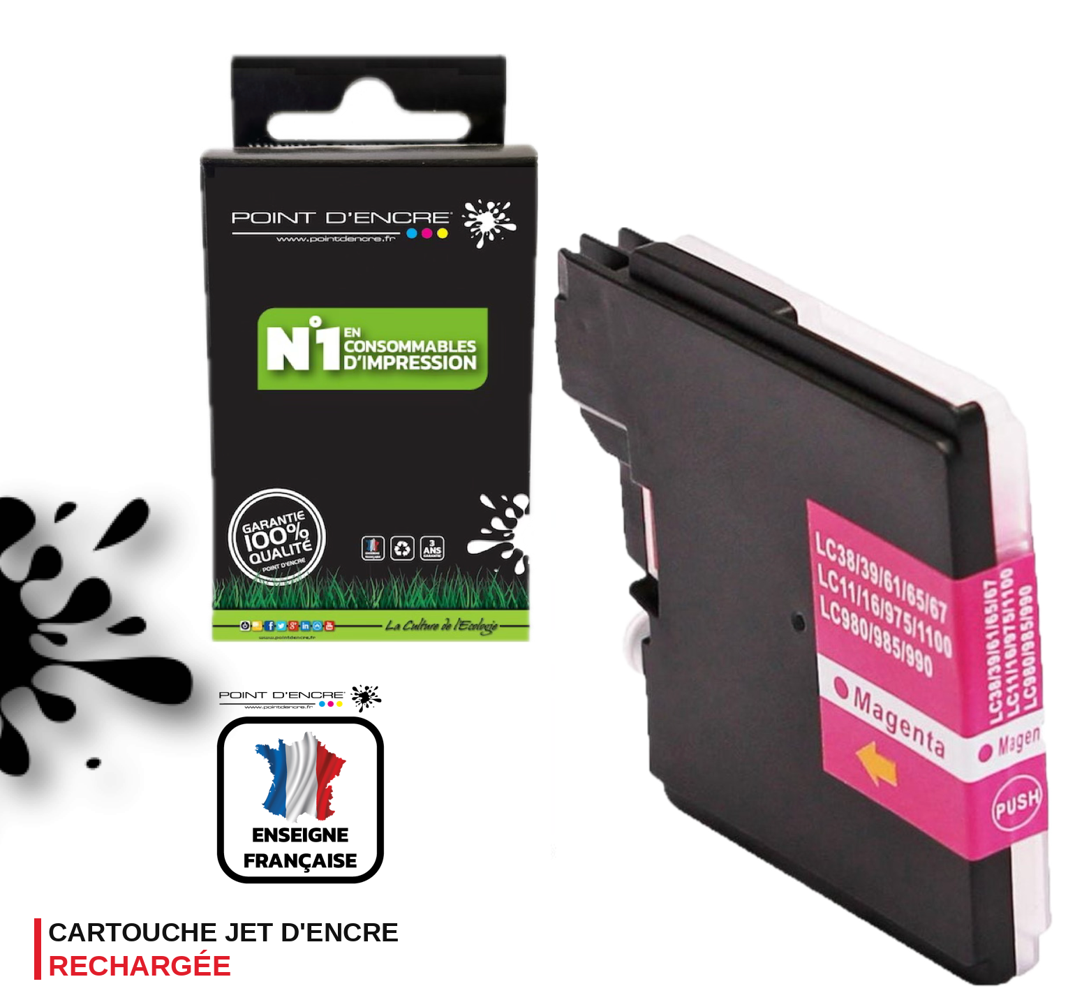 LC980XL / LC985XL / LC1100XL- MAGENTA - Grande capacité de Marque Française POINT D'ENCRE Pour imprimante compatible BROTHER (ceb)