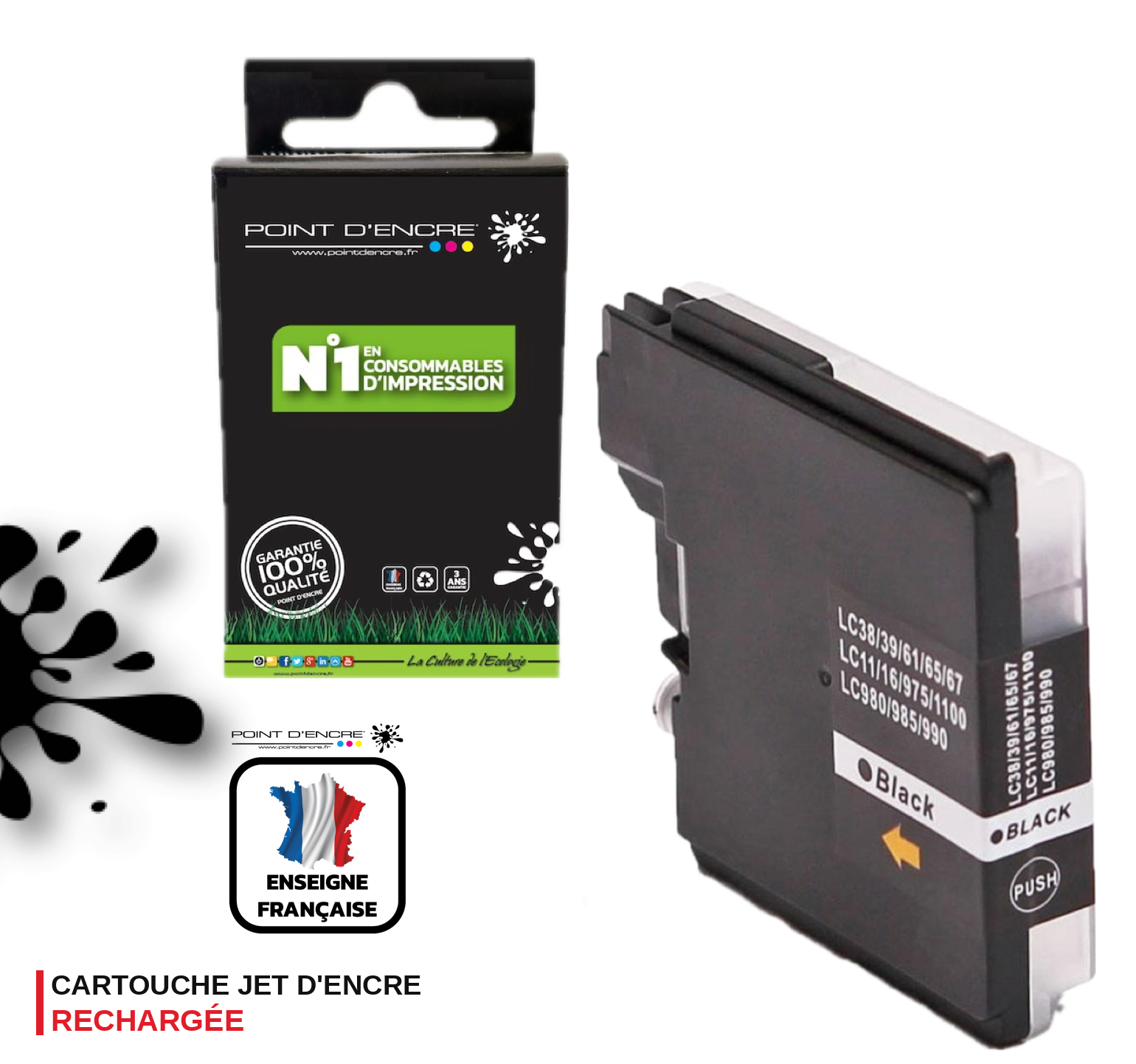 LC980XL / LC985XL / LC1100XL- NOIR - Grande capacité de Marque Française POINT D'ENCRE Pour imprimante compatible BROTHER (ceb)