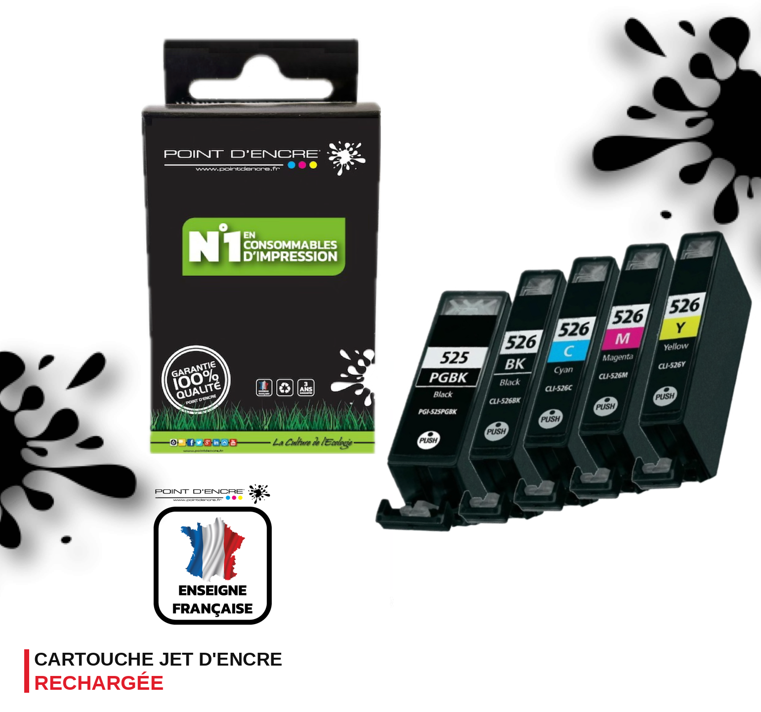 PGI-525 / CLI-526 - NOIR / NOIR PHOTO / CYAN / MAGENTA / JAUNE - Grande capacité de Marque Française POINT D'ENCRE Pour imprimante compatible CANON (cec)