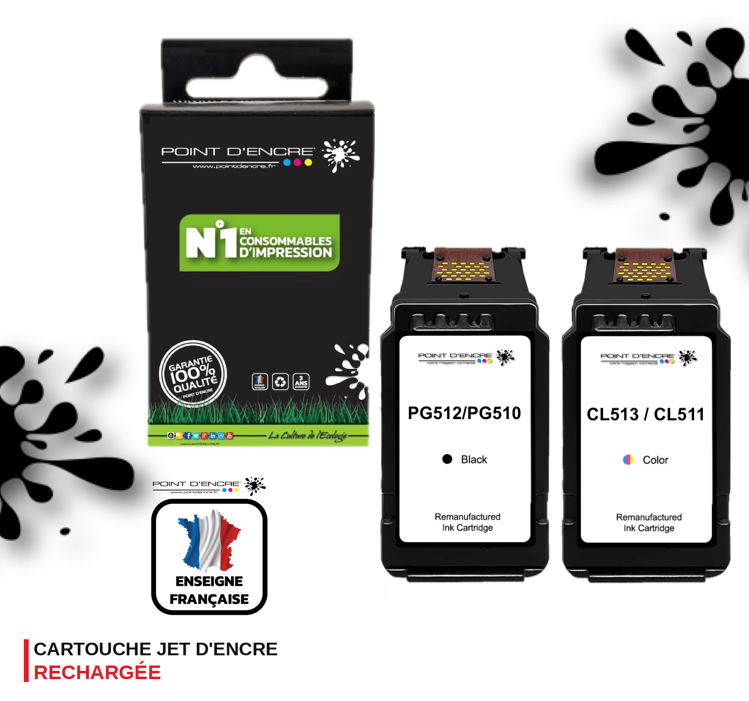 PG-510 / PG-512 NOIR  - CL-513 / CL-511 COULEUR - Grande capacité de Marque Française POINT D'ENCRE - Pour imprimante compatible CANON (cec)