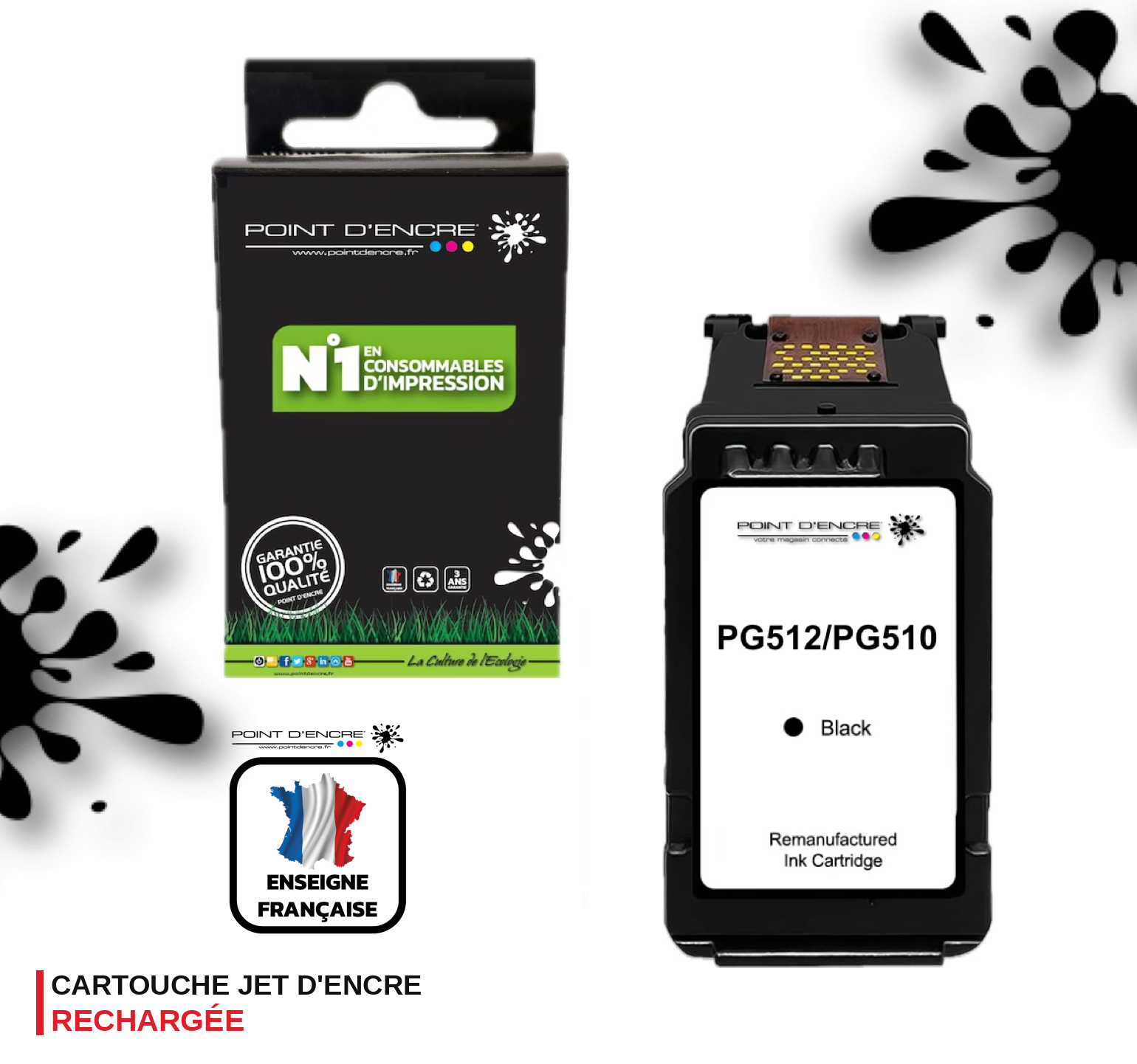 PG-510 / PG-512 NOIR - Grande capacité de Marque Française POINT D'ENCRE - Pour imprimante compatible CANON (cec)