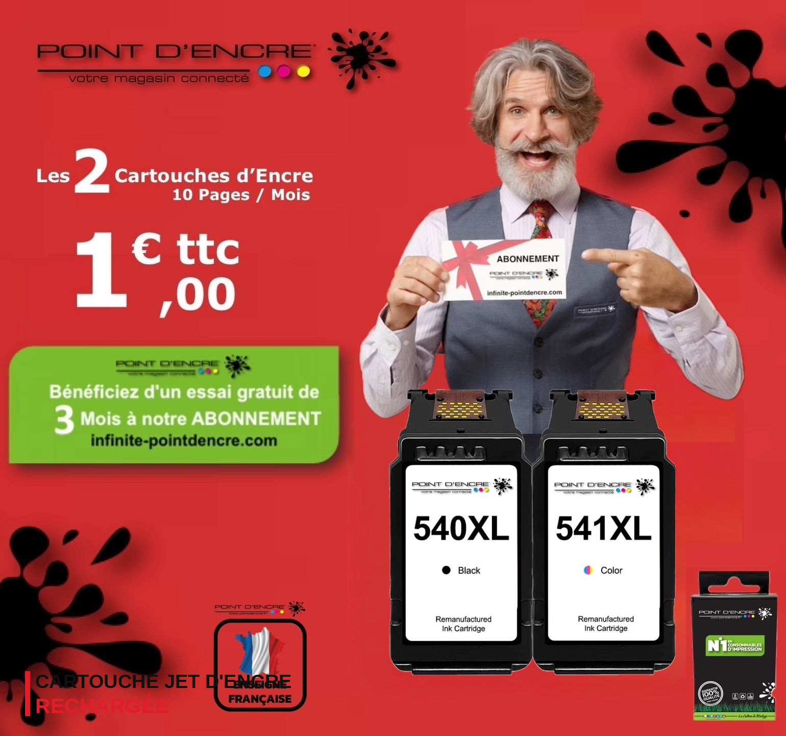 PG-540XL - CL-541XL - ABONNEMENT- NOIR / COULEUR - 5222B005 / PG-540XL - 5226B005 / CL-541XL - Grande capacité de Marque Française POINT D'ENCRE - Pour imprimante compatible CANON (cec)