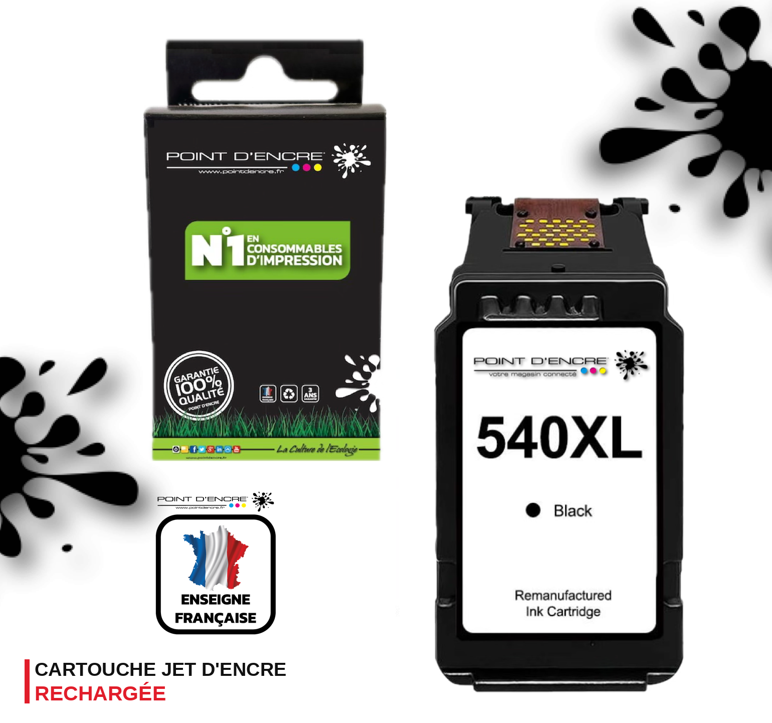 PG-540XL - NOIR - 5222B005 / PG-540 XL - Grande capacité de Marque Française POINT D'ENCRE - Pour imprimante compatible CANON (cec)