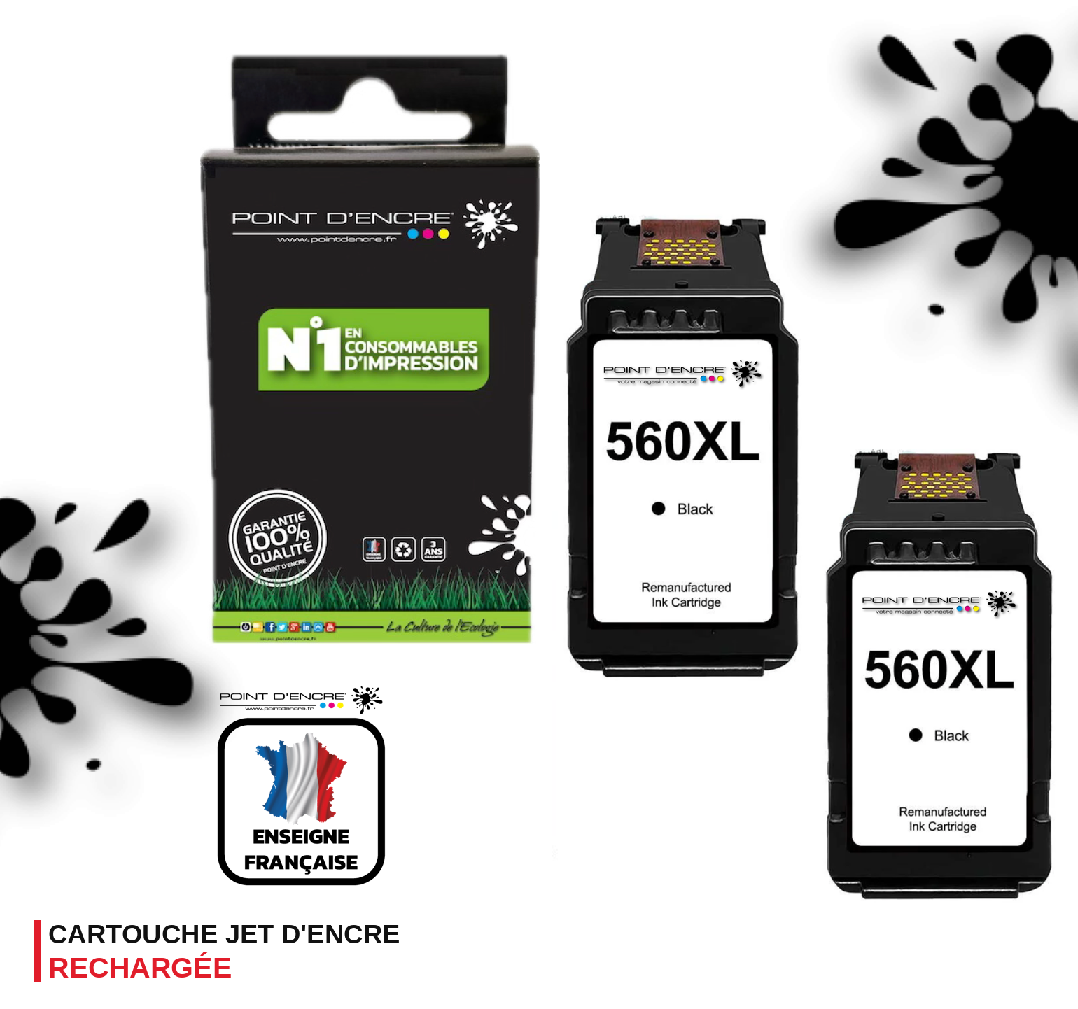 PG-560XL - 2 X NOIR - Grande capacité de Marque Française POINT D'ENCRE - Pour imprimante compatible CANON (cec)
