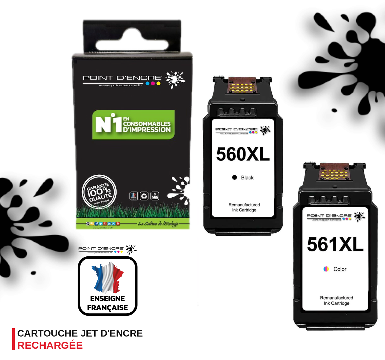 PG-560XL / CL-561XL - NOIR / COULEUR - Grande capacité de Marque Française POINT D'ENCRE - Pour imprimante compatible CANON (cec)